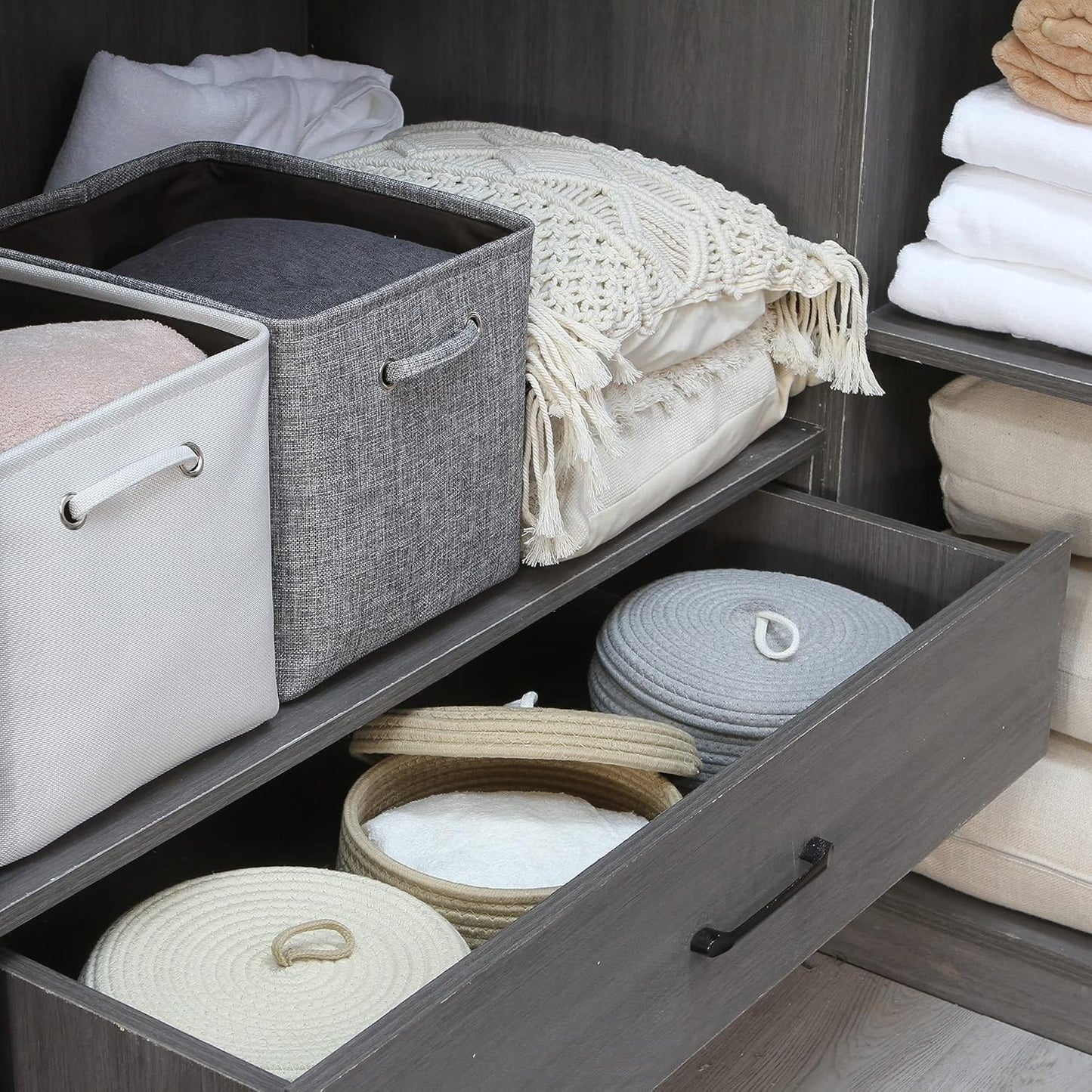 Sea Team Round Cotton Rope Storage Basket with Lid, Decorative Woven Storage Bin, Pot, Caddy, Organizer, Container for Snacks, Towels, Plants (Grey, Small)