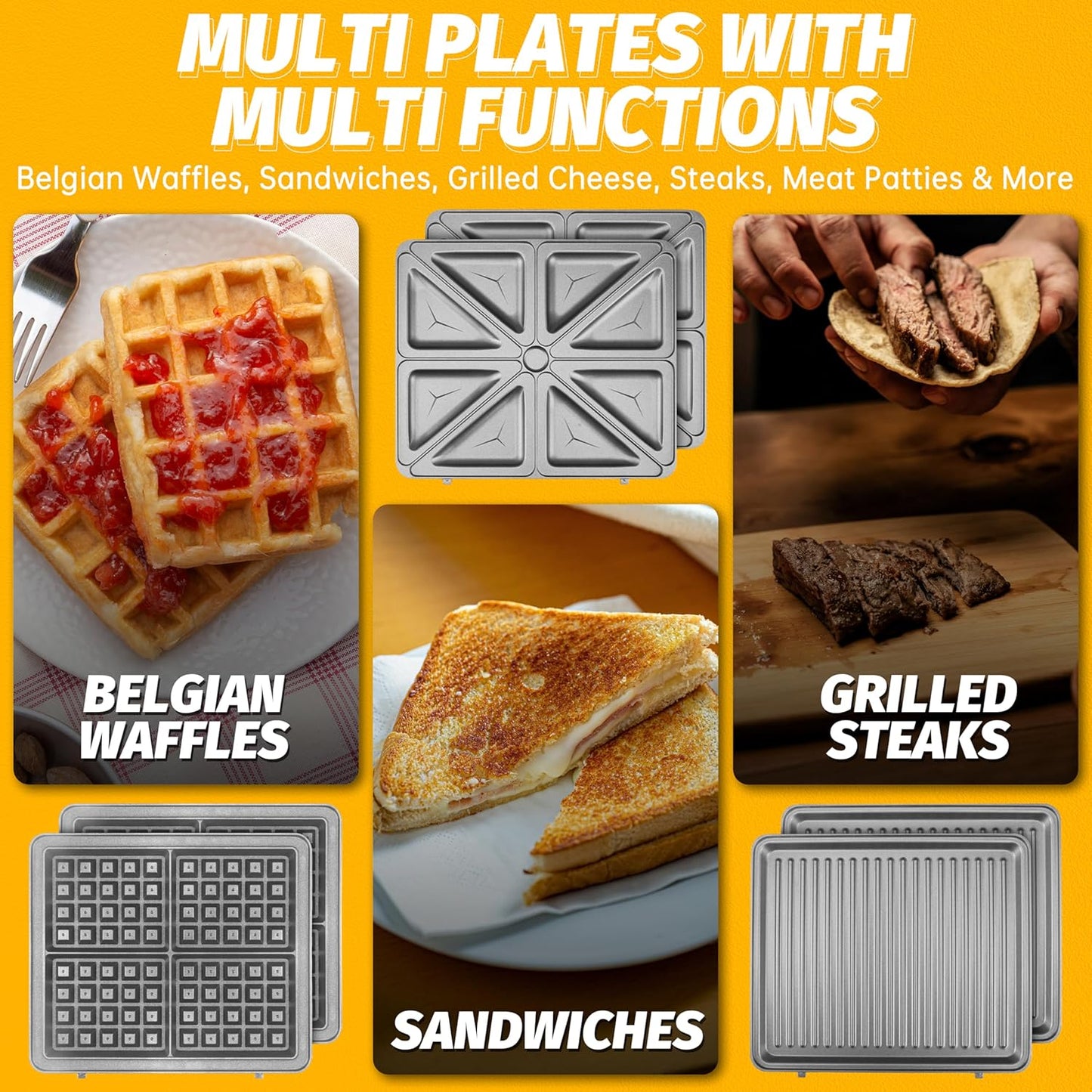 FineMade Belgian Waffle Maker with Removable Plates, Waflera Electrica, Large Waffle Iron, 3 in 1 Panini Grill Press Breakfast Sandwich Maker, Electric Griddle, Grilled Cheese Maker, Breakfast Station