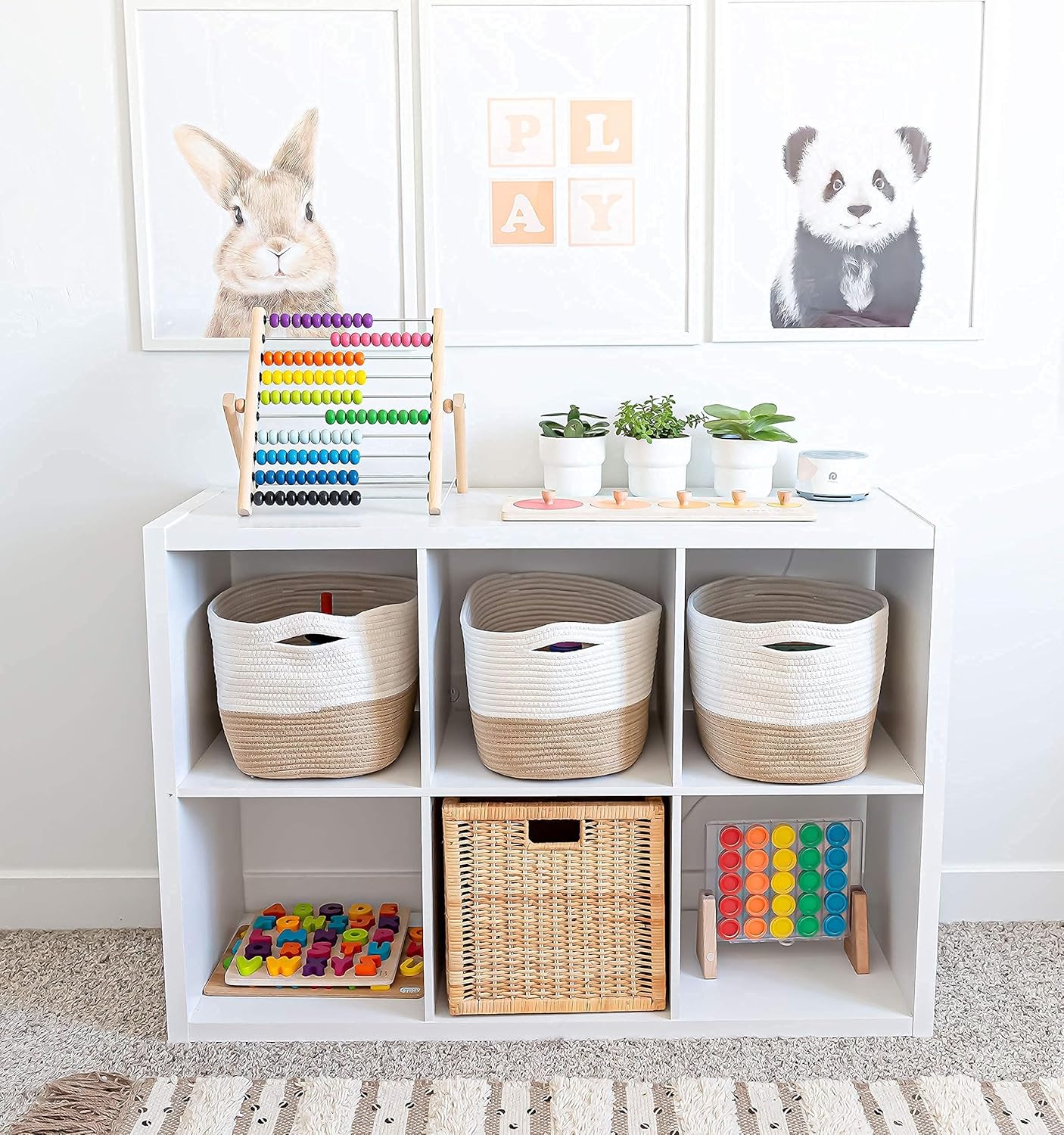 OrganiHaus Soft Woven Baskets for Storage Organization Set of 3, Cotton Rope Nursery Storage Baskets for Shelves, Square Book Bins, Bathroom Towel Hamper, Dog Toy Bins, Panier Rangement - Light Honey