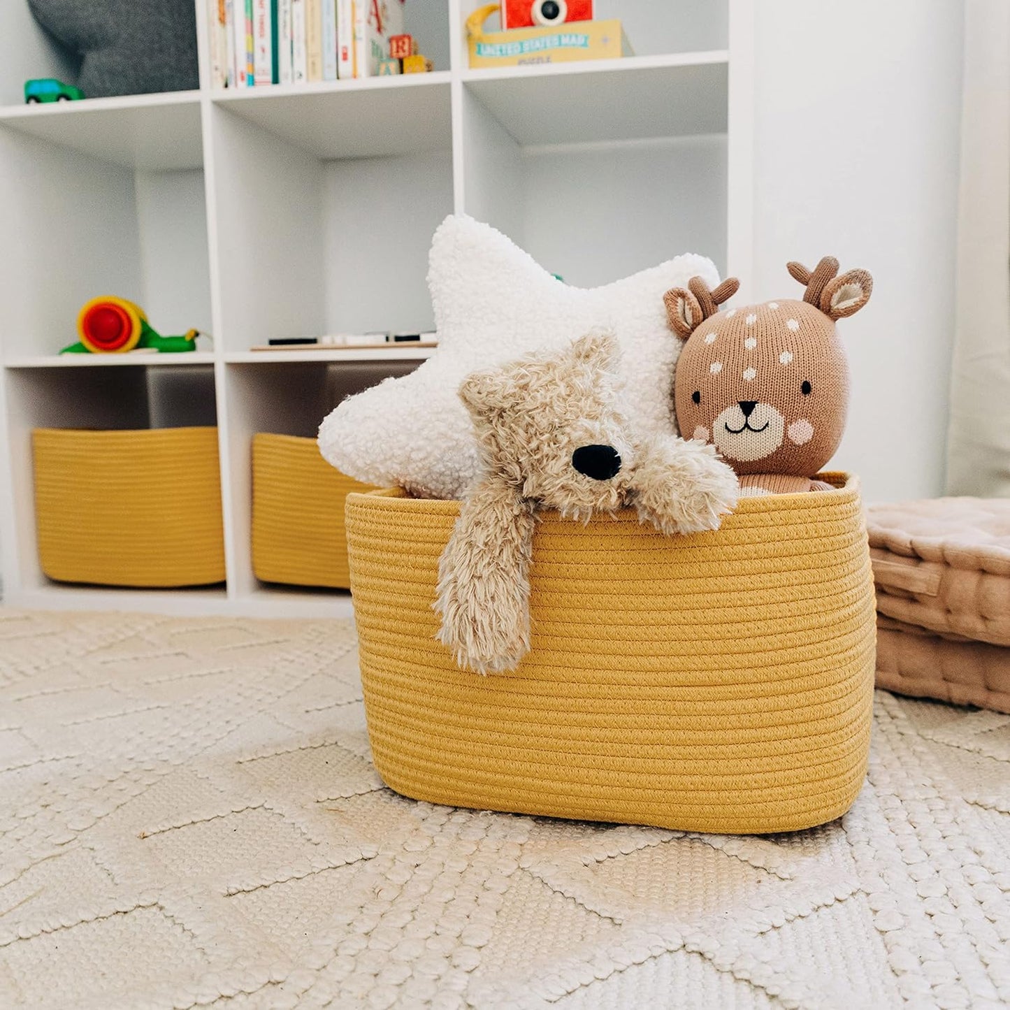 OrganiHaus Soft Woven Baskets for Storage Organization Set of 3, Cotton Rope Nursery Storage Baskets for Shelves, Square Book Bins, Bathroom Towel Hamper, Dog Toy Bins, Panier Rangement - Light Honey