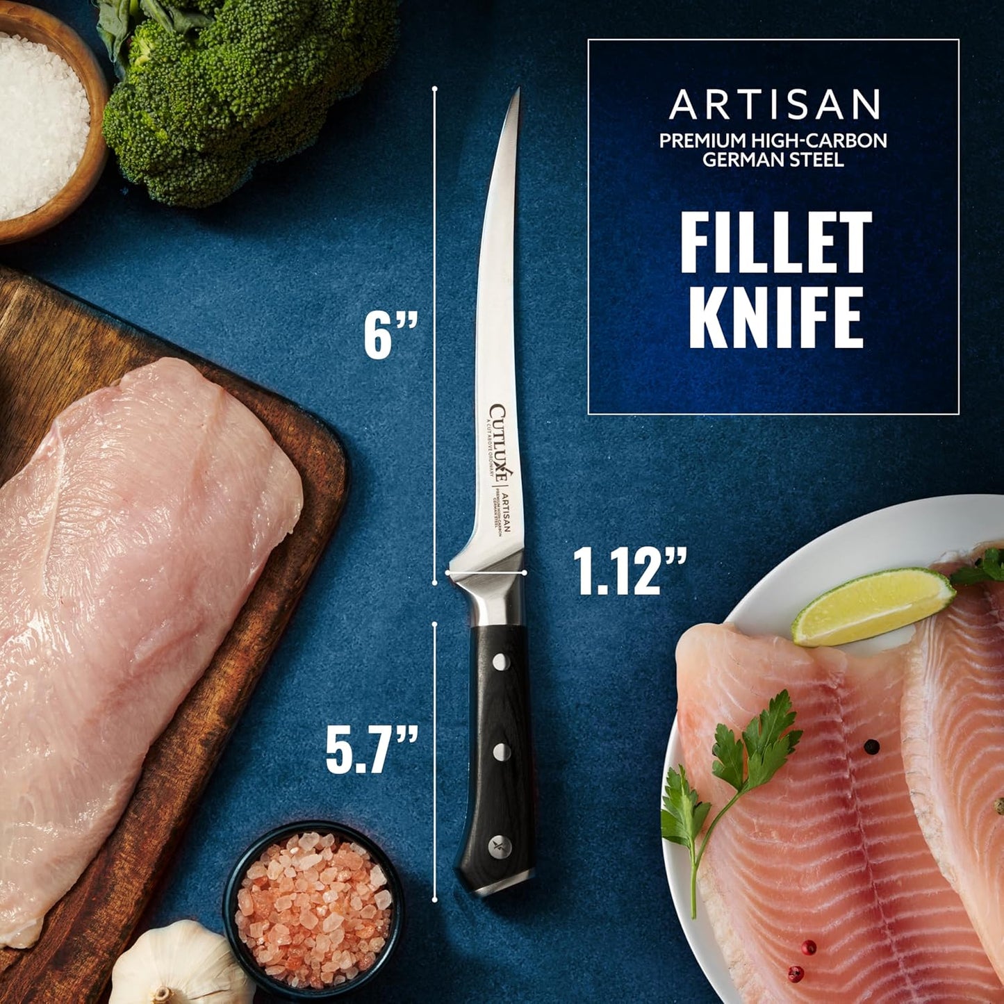 Cutluxe Fillet Knife for Fish & Meat – 7" Fish Knife for Filleting – High Carbon German Steel, Full Tang & Ergonomic Handle Design – Artisan Series