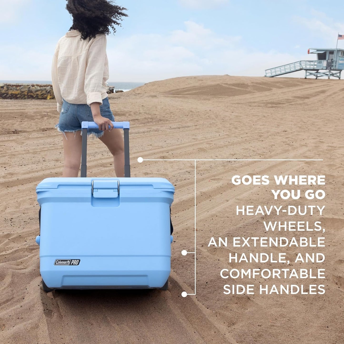 Coleman Pro Heavy-Duty Ultra-Light Premium Hard Cooler, 92/74/36-Can Capacity, Extra-Thick Insulation Keeps Ice up to 5/4/3 Days, 55-Quart Wheeled Cooler or 45/25 qt (No Wheels), Blue Sky
