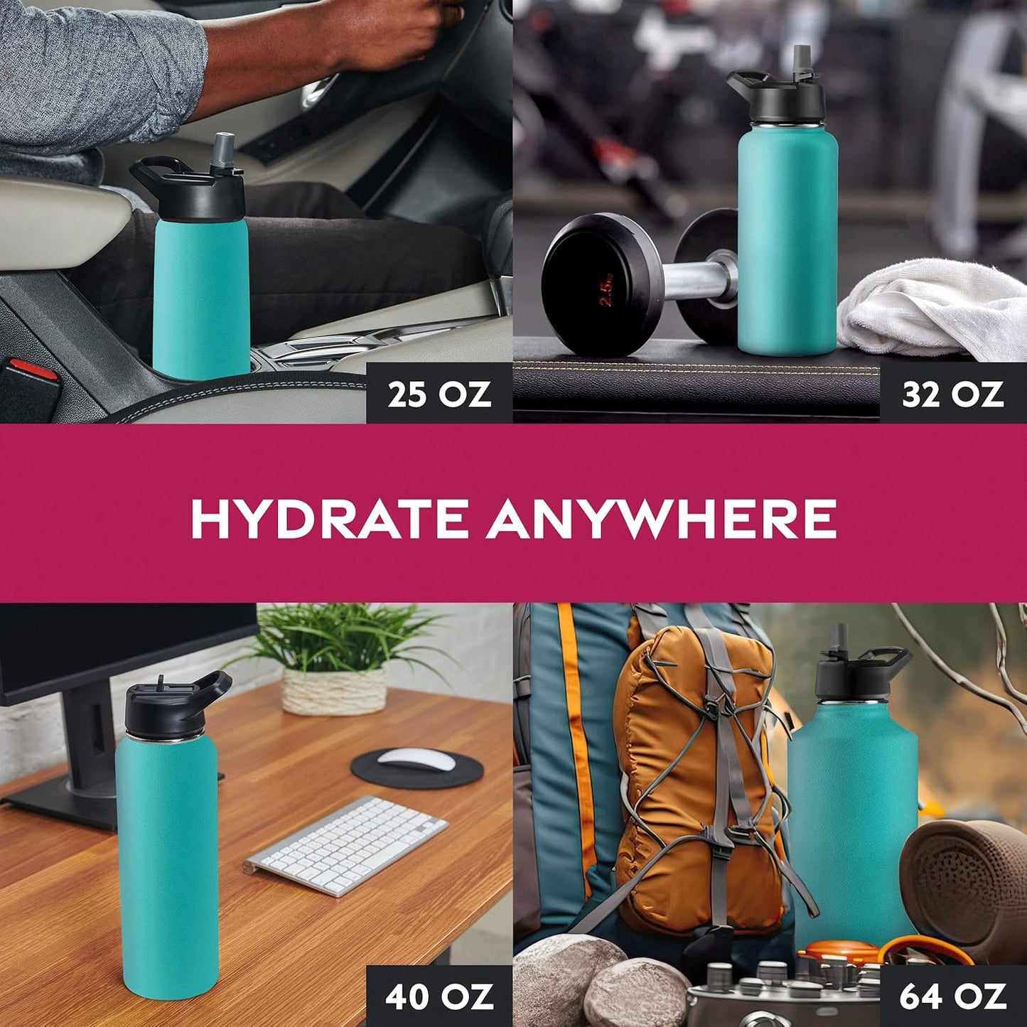 FineDine Water Bottle - Stainless Steel Insulated Water Bottle with Straw Lid, Flip Lid & Wide-Mouth Cap - Keeps Hot and Cold - 25 Oz / 739ml - Pure Pearly White