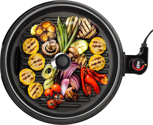 Elite Gourmet EMG6505G Smokeless Indoor Electric BBQ Grill with Glass Lid, Dishwasher Safe, PFOA-Free Nonstick, AdjCatable Temperature, Fast Heat Up, Low-Fat Meals Easy to Clean Design