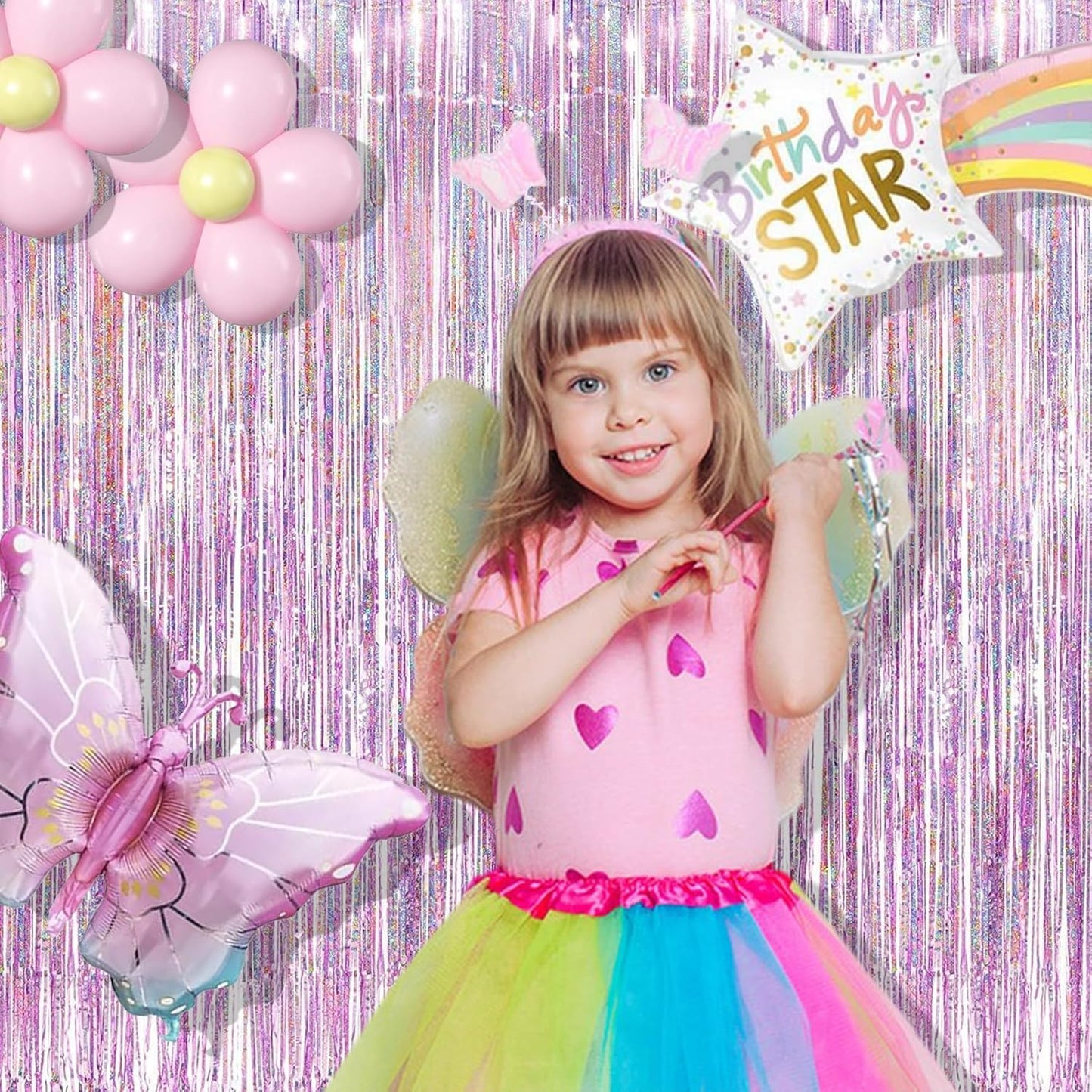 BRAVESHINE Pink Glitter Tinsel Foil Fringe Curtain - 2 Pcs 3.2x8.2 ft Metallic Party Supplies Photo Backdrop for Girl Princess Birthday Unicorn Bachelorette Butterfly Bridal Shower Party Decorations