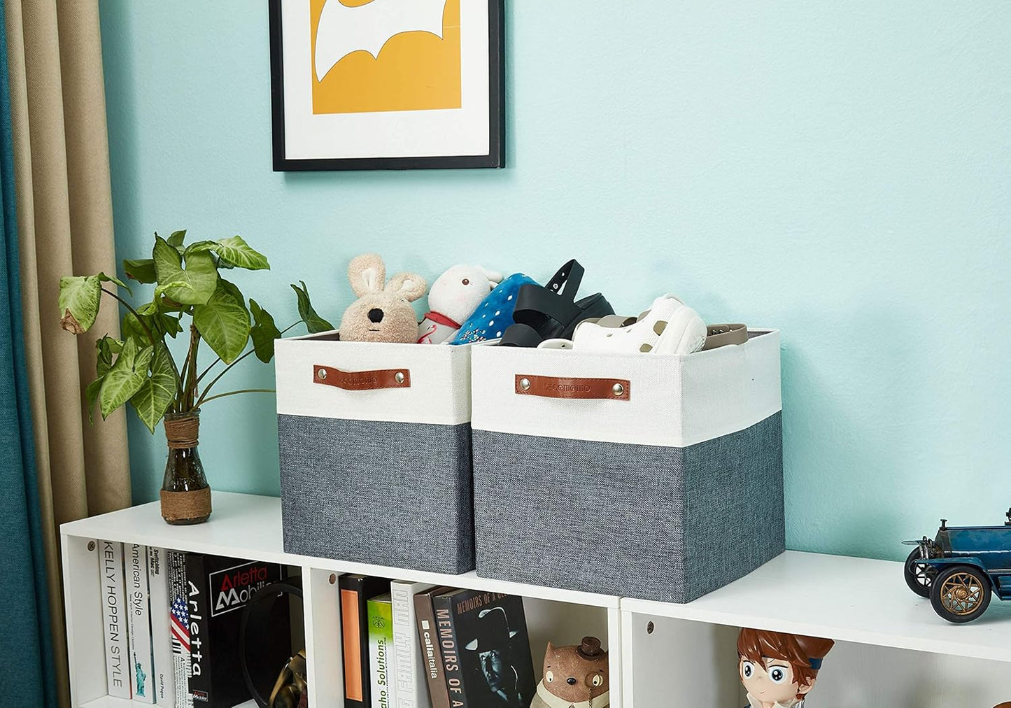 DECOMOMO Fabric Cube Storage Bin - Storage Baskets for Shelves, Kallax (Grey & White, 13 inch Cube) - 4 Pack