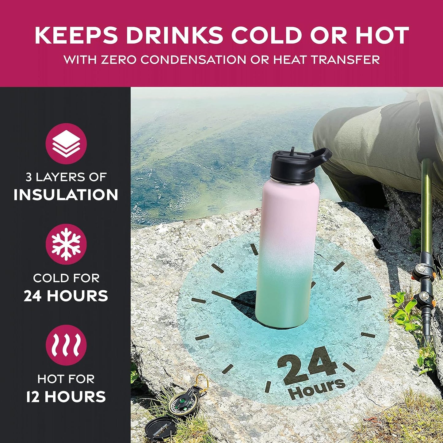 FineDine Water Bottle - Stainless Steel Insulated Water Bottle with Straw Lid, Flip Lid & Wide-Mouth Cap - Keeps Hot and Cold - 25 Oz / 739ml - Pure Pearly White