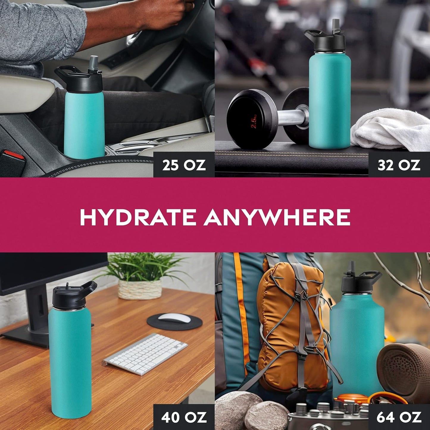 FineDine Water Bottle - Stainless Steel Insulated Water Bottle with Straw Lid, Flip Lid & Wide-Mouth Cap - Keeps Hot and Cold - 25 Oz / 739ml - Pure Pearly White
