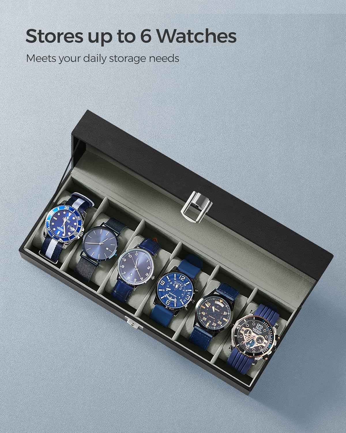 SONGMICS Watch Box, 6-Slot Watch Case, Watch Box Organizer, Black Synthetic Leather, Greenish Gray Lining UJWB06BK