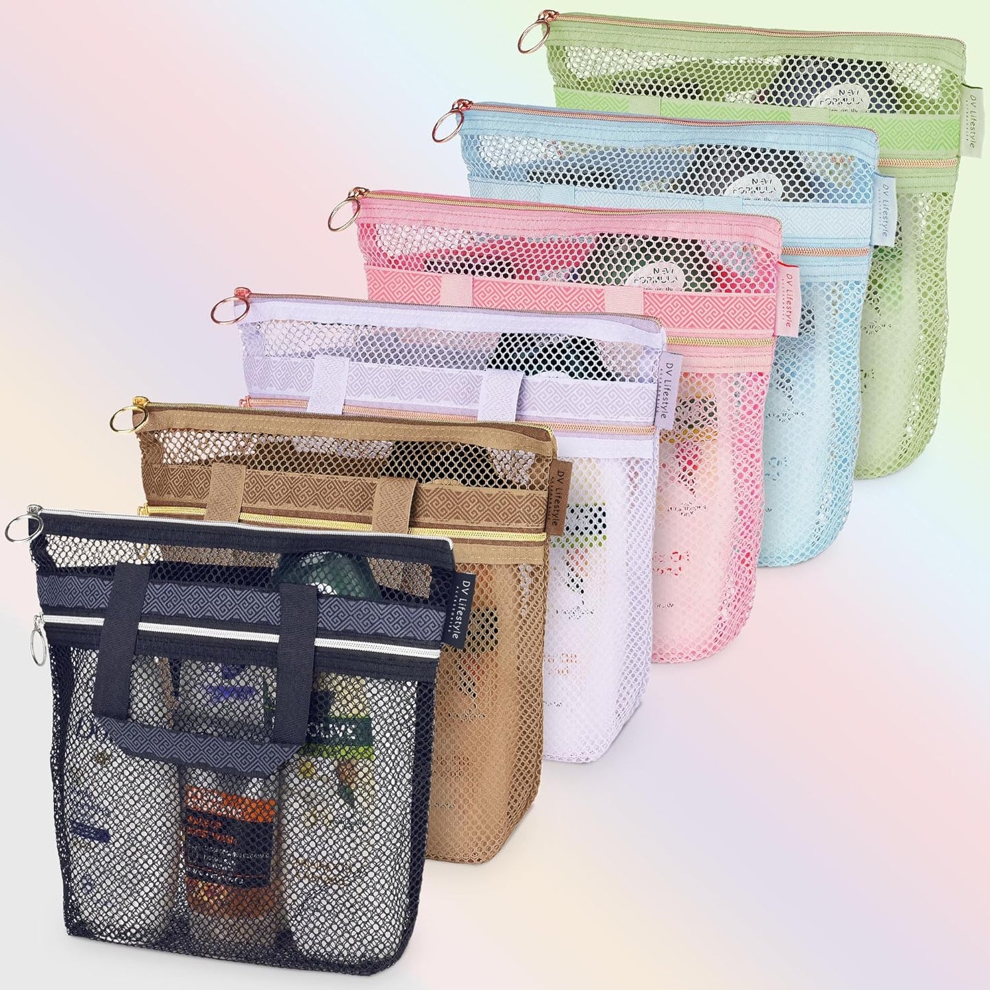Mesh Shower Caddy Portable 10.2x9.9'' Shower Bag with Zipper & 2 Pockets. Shower Tote Ideal for Gym, Travel, Camp, Beach, for Sunscreen, Dorm & College Essentials (Black)