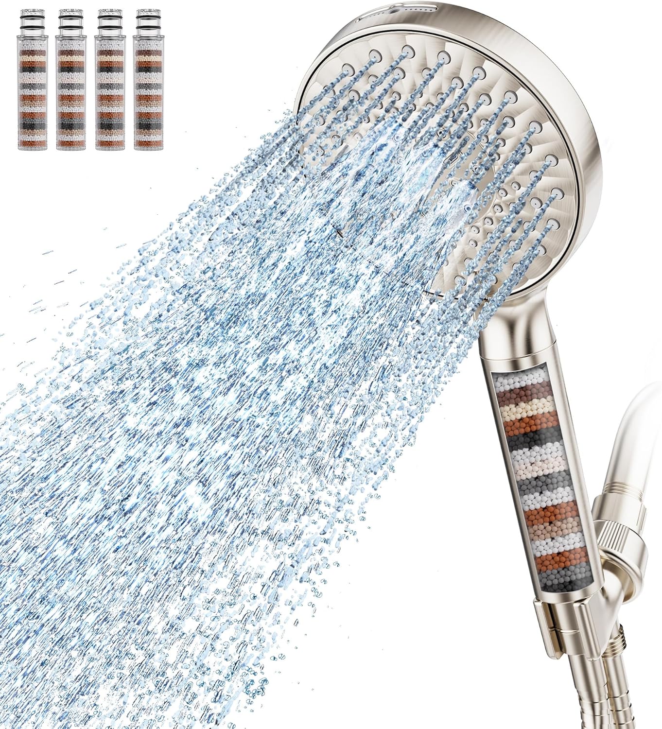 Filtered Shower Head with Handheld, High Pressure 9 Spray Mode Chrome Showerhead with Filters,Detachable Shower Head,Water Softener Filters Beads for Hard Water -Remove Chlorine