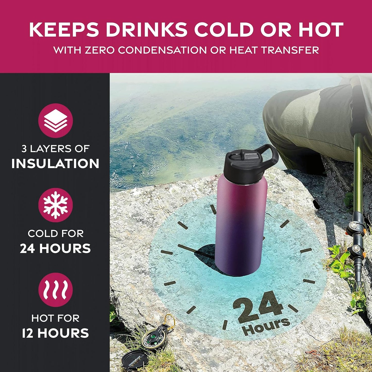 FineDine Water Bottle - Stainless Steel Insulated Water Bottle with Straw Lid, Flip Lid & Wide-Mouth Cap - Keeps Hot and Cold - 25 Oz / 739ml - Pure Pearly White