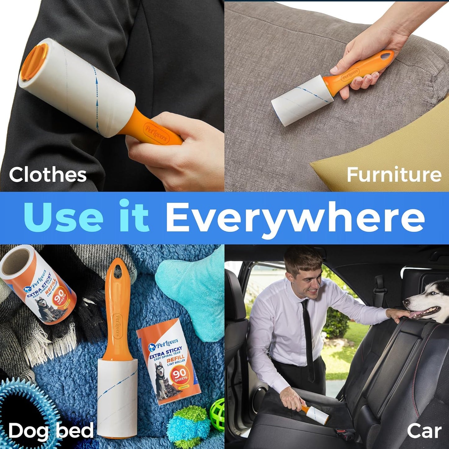 PetLovers Extra Sticky Lint Roller Mega Value Set for Pet Hair Removal, Dog and Cat Lint Remover (1 Pack Reusable)