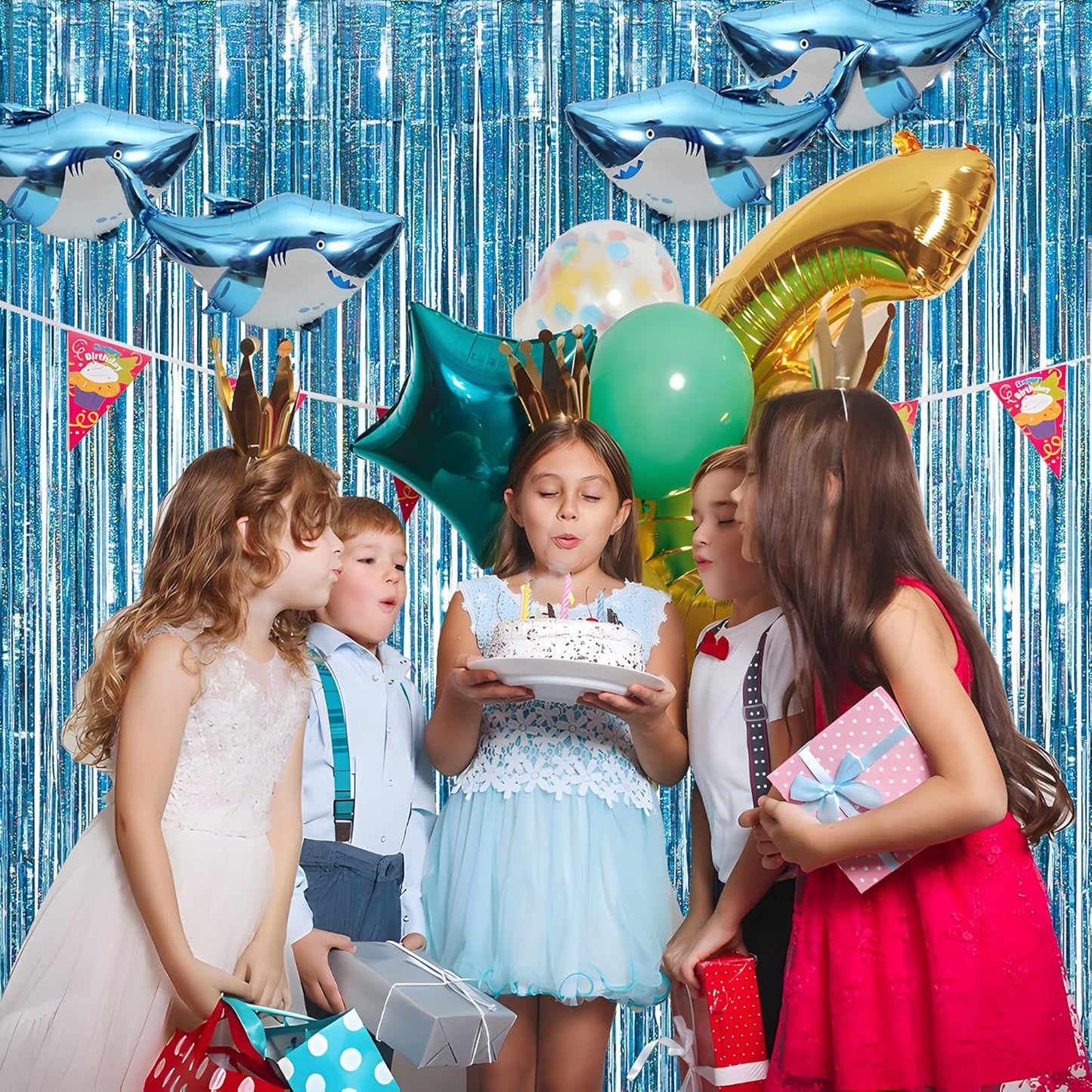 GREATRIL Iridescent Party Tinsel Fringe Backdrop Decorations - Holographic Foil Streamers Curtain for Mermaid/Under The Sea/Frozen/Ocean/Disco/Birthday Themed 3.2ft x 6.5ft - 2 PCS