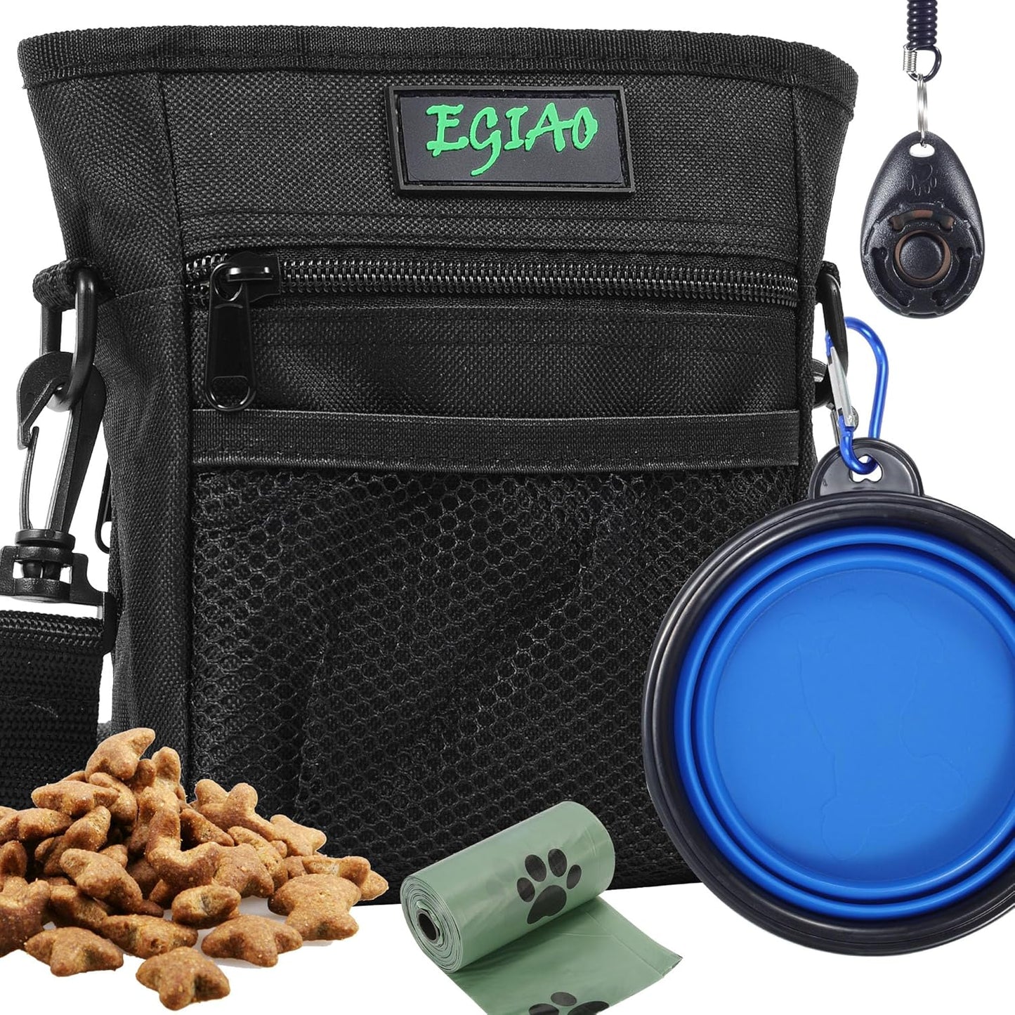 Dog Treat Pouch with Collapsible Dog Bowl, Training Clicker and Poop Bags, Treat Pouches for Pet Training, Magnetic Closure, Built-in Poop Bag Dispenser, Waist Belt Clip, Puppy Treat Bag - Green