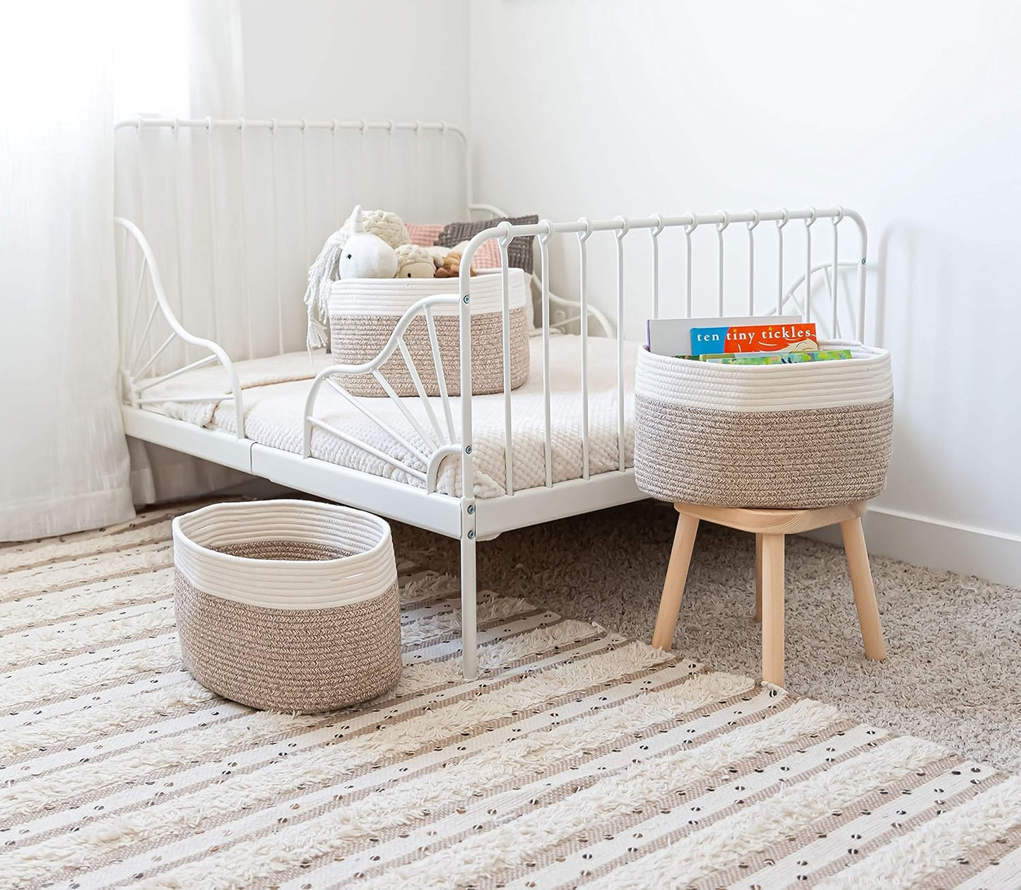 OrganiHaus Soft Woven Baskets for Storage Organization Set of 3, Cotton Rope Nursery Storage Baskets for Shelves, Square Book Bins, Bathroom Towel Hamper, Dog Toy Bins, Panier Rangement - Light Honey