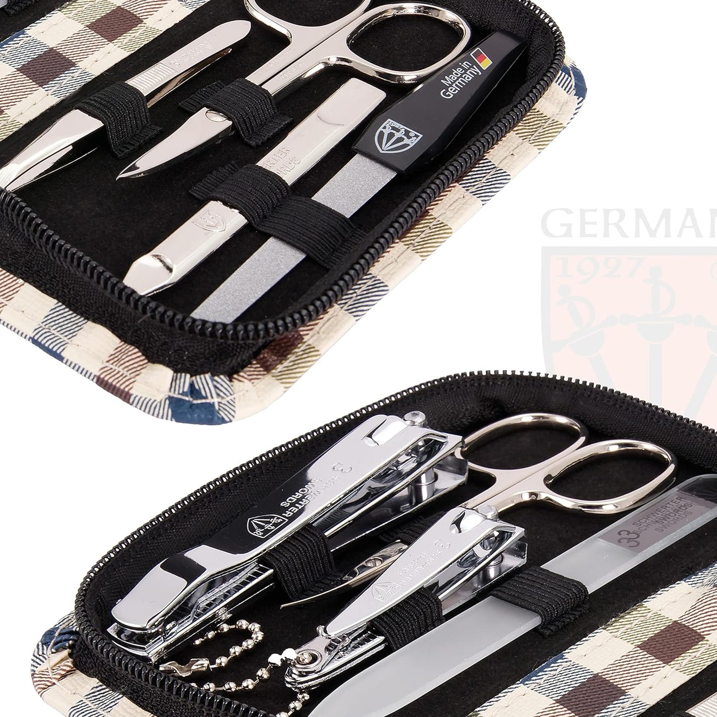 3 Swords Germany - brand quality 8 piece manicure pedicure grooming kit set for professional finger & toe nail care scissors clipper fashion leather case camou in gift box, Made in Germany