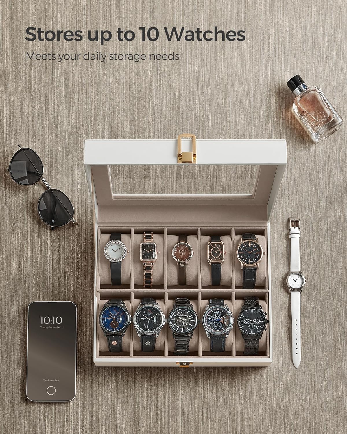SONGMICS Watch Box, 6-Slot Watch Case, Watch Box Organizer, Black Synthetic Leather, Greenish Gray Lining UJWB06BK