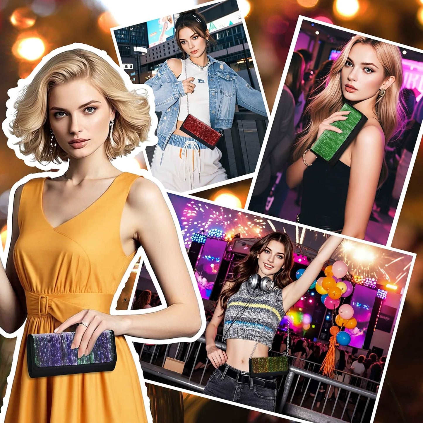 Larcenciel Clutch Purse for Women, LED Light Up Purse - 11 Neon Glow Modes, Holographic Evening Bag with Chain Strap, Rechargeable Party Handbag for Prom Disco Club Bar Night Events Weddings (Black)