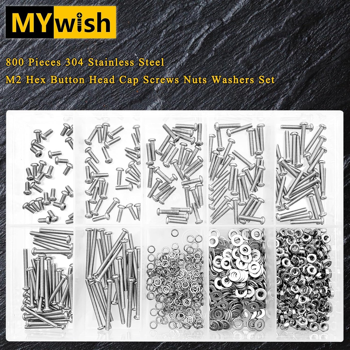 Mywish 900Pcs Metric Screw Assortment, M3 M4 M5 M6 Screw Assortment Kit 304 Stainless Steel Hex Socket Button Head Socket Cap Metric Screws Bolts & Flat Washers/Nuts/Hex Wrenches 16 Sizes 8MM to 20MM