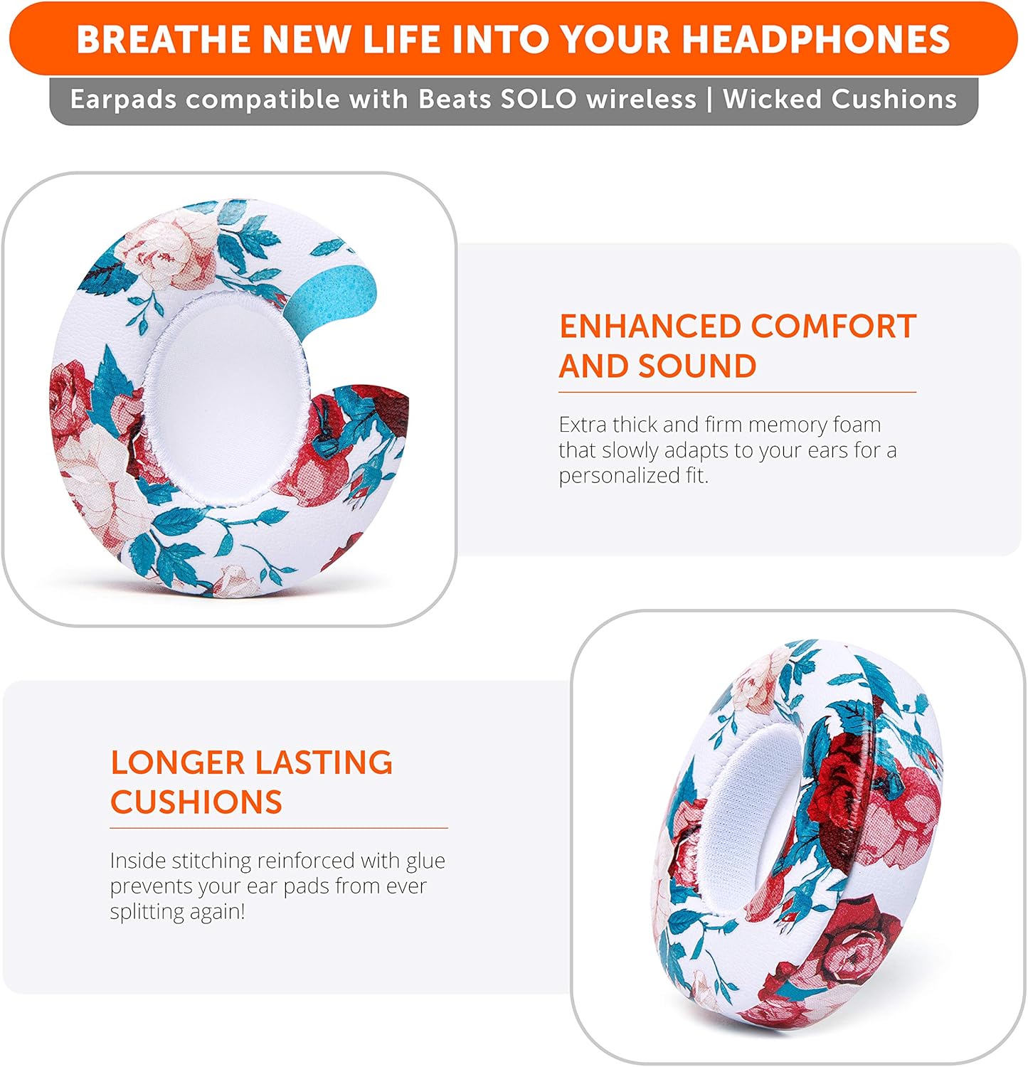 WC Extra Thick Replacement Earpads for Beats Solo 2 & 3 by Wicked Cushions - Ear Pads for Beats Solo 2 & 3 Wireless ON-Ear Headphones - Soft Leather, Luxury Memory Foam, Strong Adhesive | White