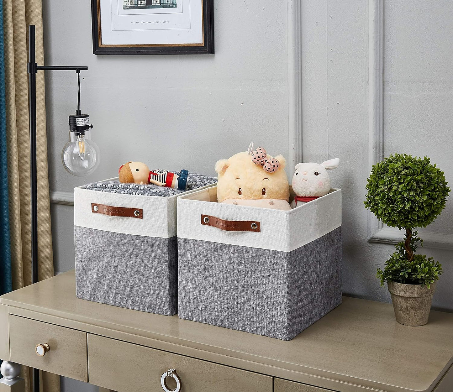 DECOMOMO Fabric Cube Storage Bin - Storage Baskets for Shelves, Kallax (Grey & White, 13 inch Cube) - 4 Pack