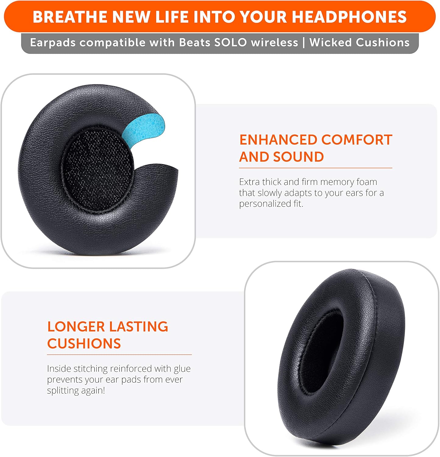 WC Extra Thick Replacement Earpads for Beats Solo 2 & 3 by Wicked Cushions - Ear Pads for Beats Solo 2 & 3 Wireless ON-Ear Headphones - Soft Leather, Luxury Memory Foam, Strong Adhesive | White