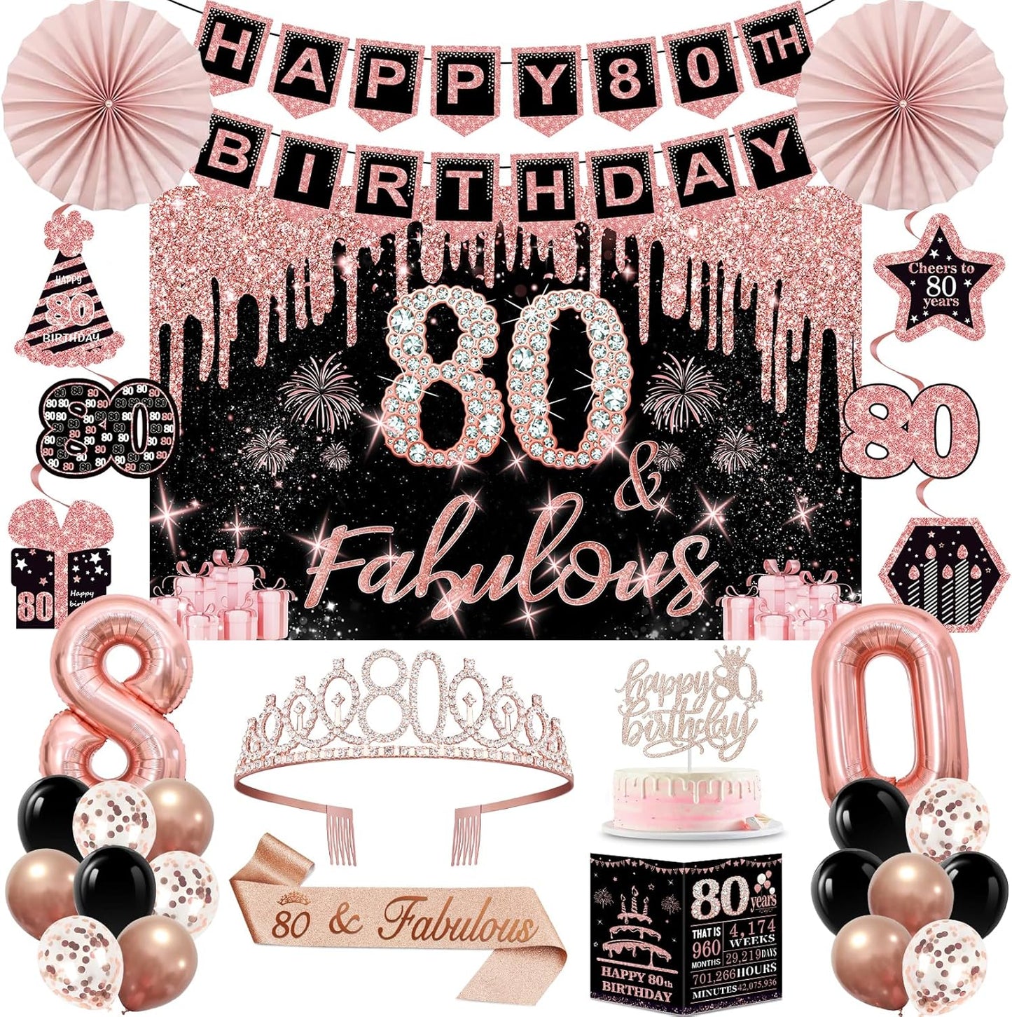 40th Birthday Decorations for Women,32pcs 40th Birthday Party Decorations,Including Backdrop, Crown,Sash,banner, Hanging Swirl,Cake Topper,balloons,Paper Fans,Anniversary Card and paper fans