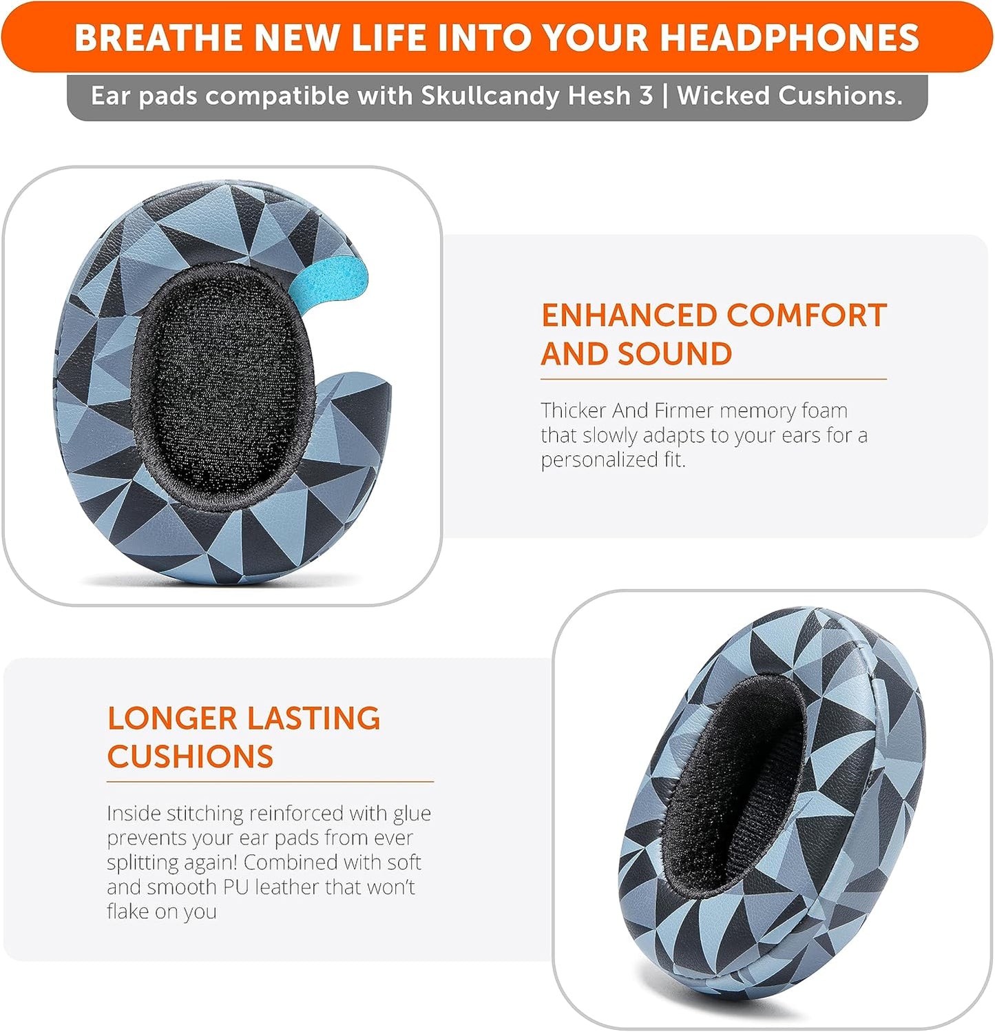 WC Replacement Earpad Cushions for Skullcandy Hesh 3 & Crusher Over-Ear Headphones Made by Wicked Cushions | Improved Durability and Thickness for Improved Comfort and Noise Isolation | 90's Black