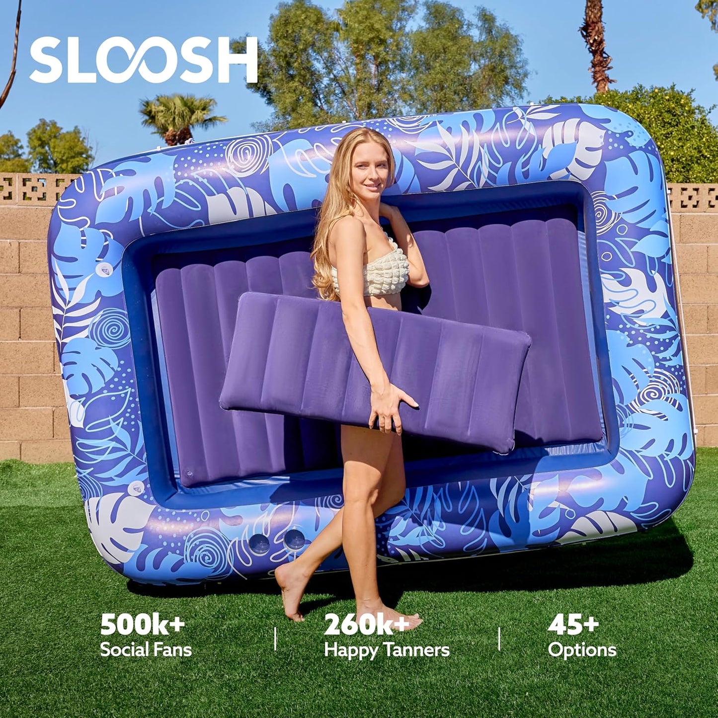 Sloosh Inflatable Tanning Pool Lounger Float-XL, 85" x 57" Extra Large Suntan Sun Tan tub for Adults, Bed Blow up, Raft Lounge Floatie, XL-Blue