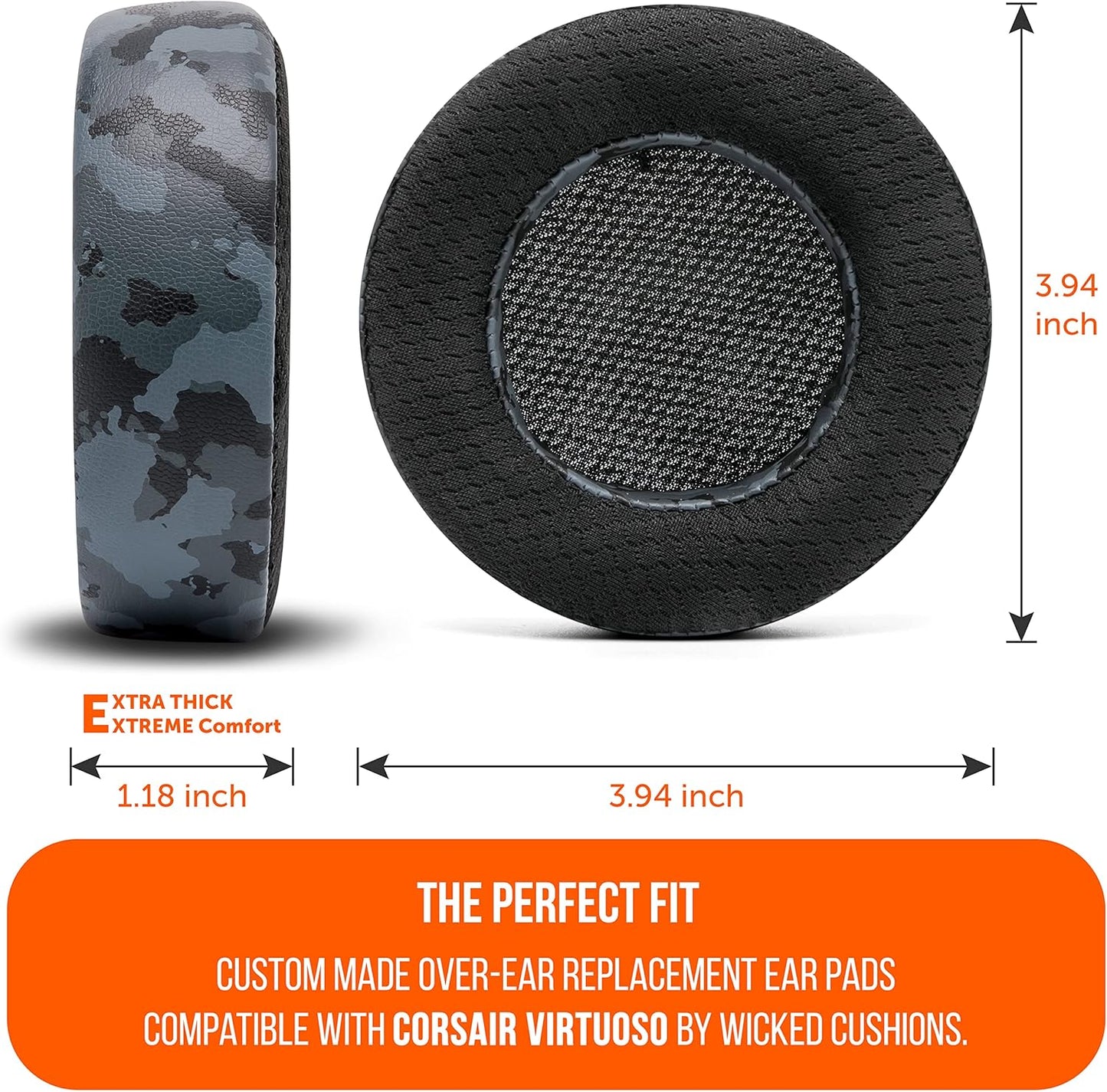 WC Freeze Virtuoso - Hybrid Fabric Cooling Gel Replacement Earpads for Corsair Virtuoso Gaming Headset, Made by Wicked Cushions, Improved Durability, Thickness and Sound Isolation |90s Black