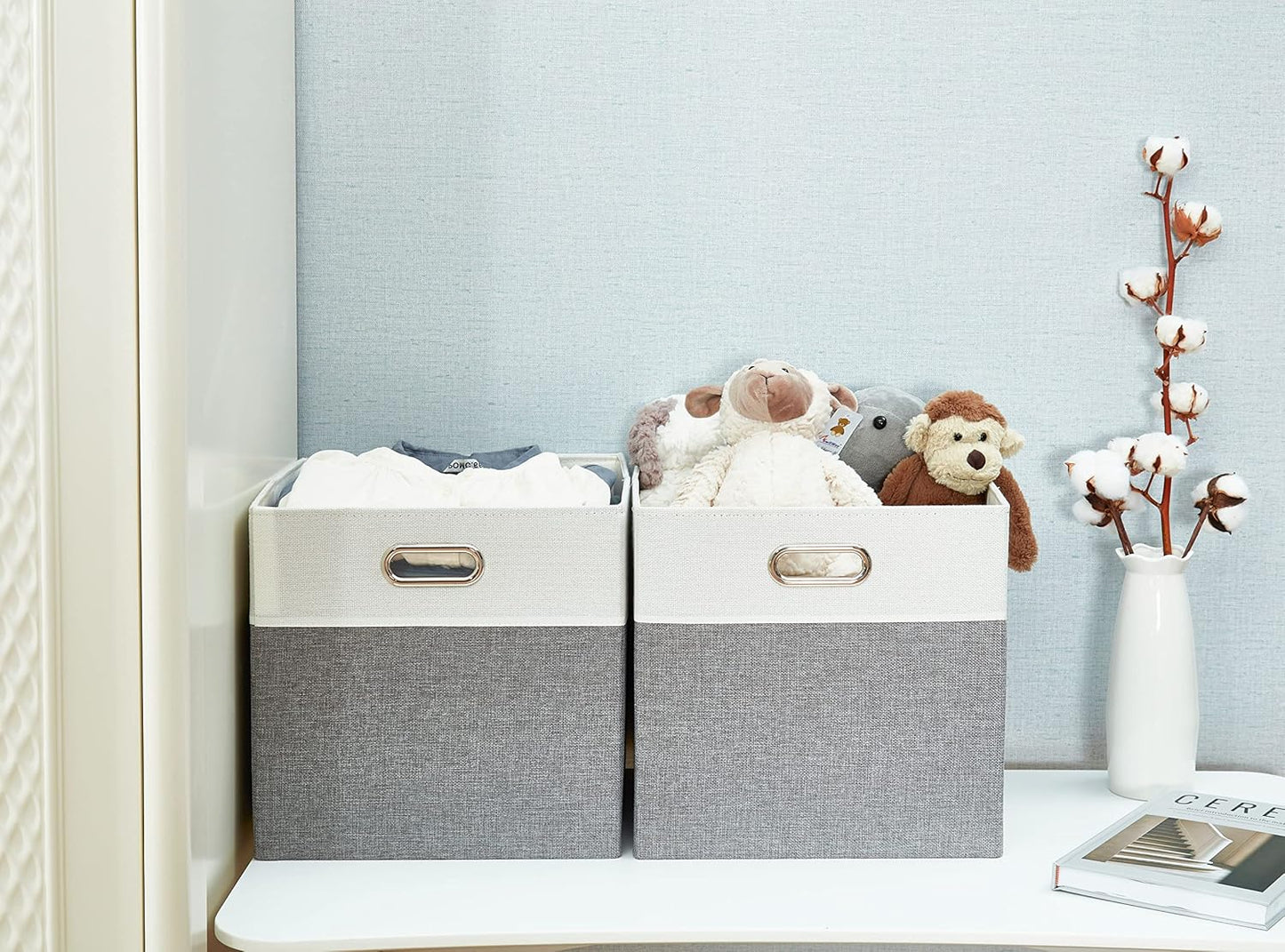 DECOMOMO Fabric Cube Storage Bin - Storage Baskets for Shelves, Kallax (Grey & White, 13 inch Cube) - 4 Pack