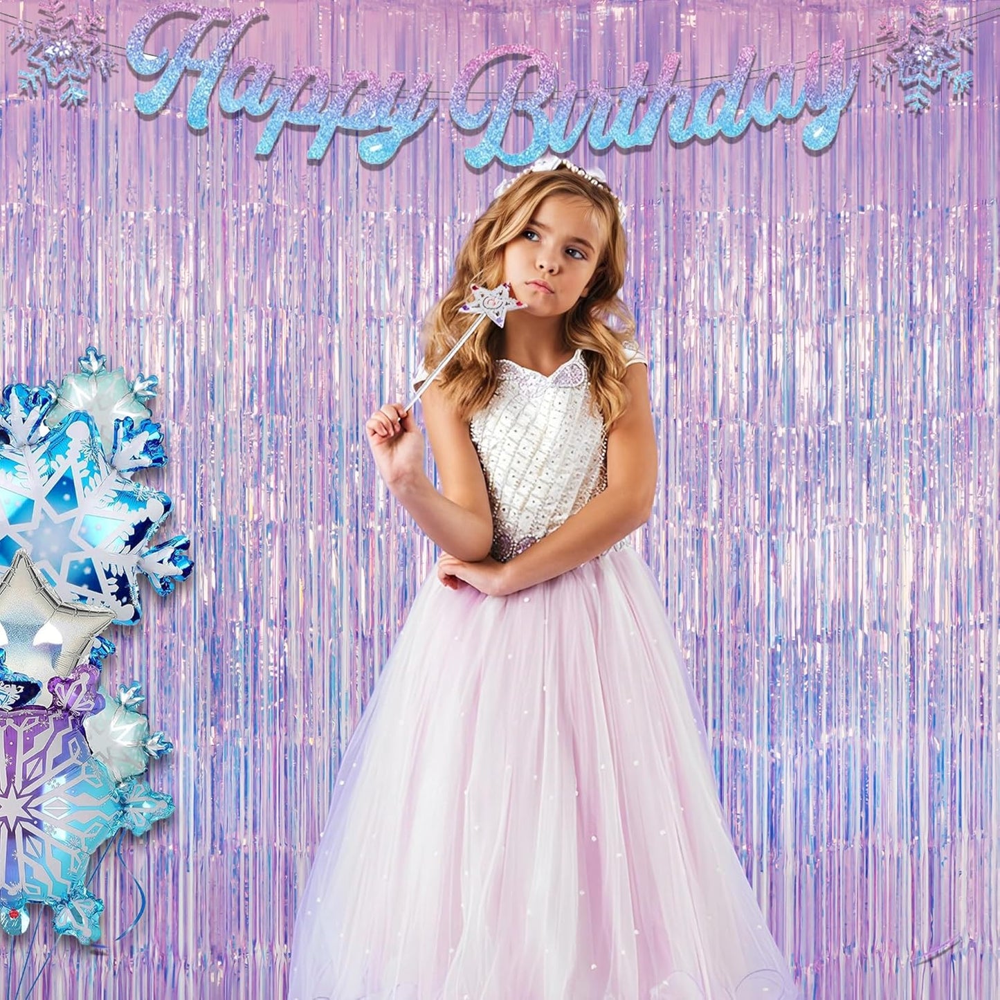 GREATRIL Iridescent Party Tinsel Fringe Backdrop Decorations - Holographic Foil Streamers Curtain for Mermaid/Under The Sea/Frozen/Ocean/Disco/Birthday Themed 3.2ft x 6.5ft - 2 PCS