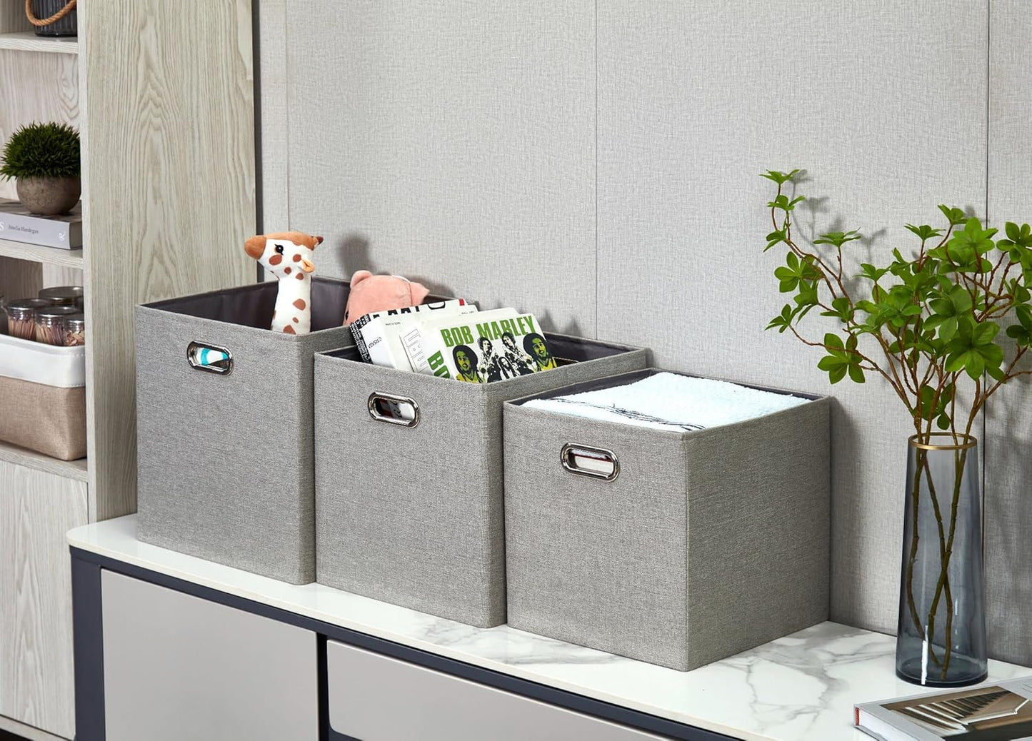 DECOMOMO Fabric Cube Storage Bin - Storage Baskets for Shelves, Kallax (Grey & White, 13 inch Cube) - 4 Pack