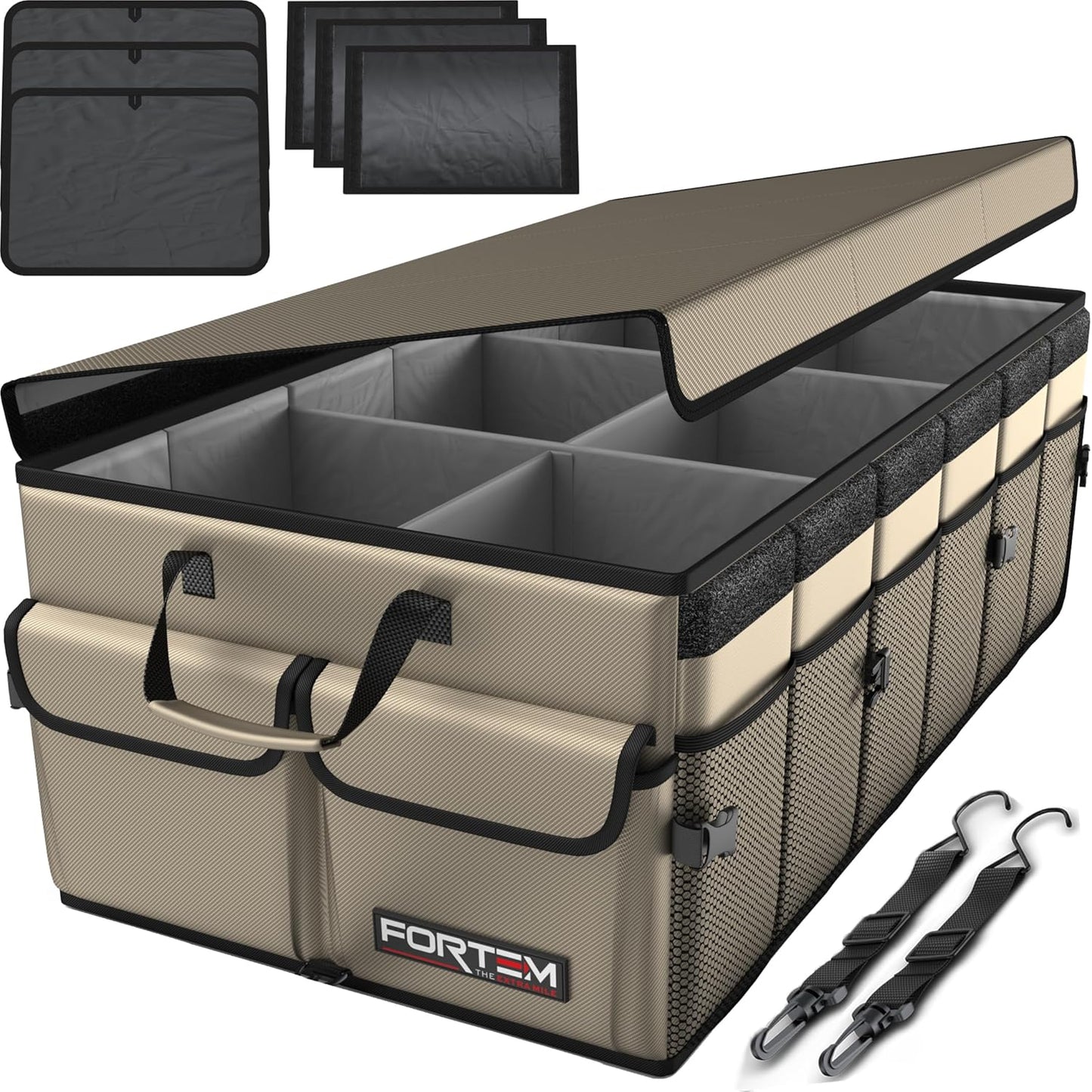 FORTEM Car Trunk Organizer, Collapsible Multi Compartment Car Organizer, Foldable SUV Storage for Car Accessories for Women Men, Non Slip Bottom, Securing Straps, Soft Cover 50L (Black, Standard)