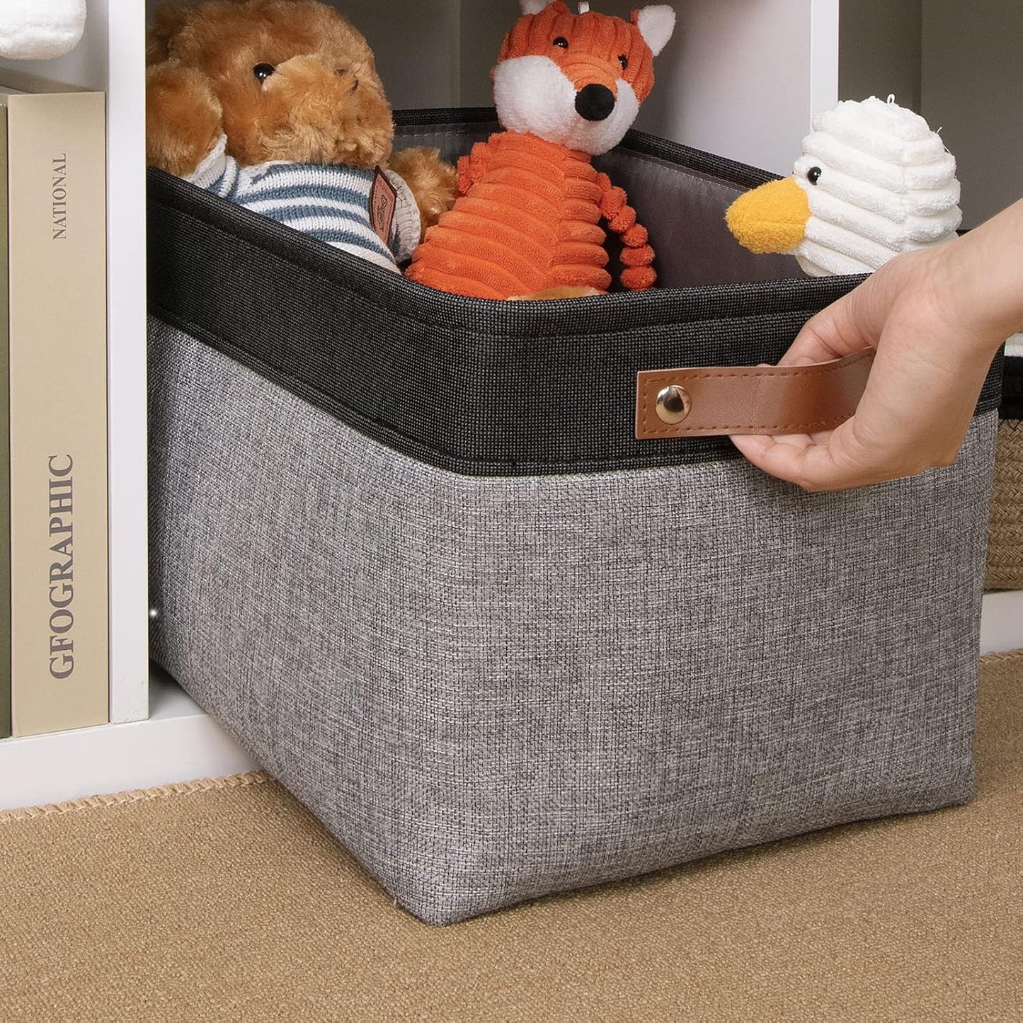 DULLEMELO Storage Baskets for Shelves, Fabric Collapsible Rectangular Storage Bins for Shelves, Closets, Nursery, Home, Office, Empty Gift Baskets (White&Teal)