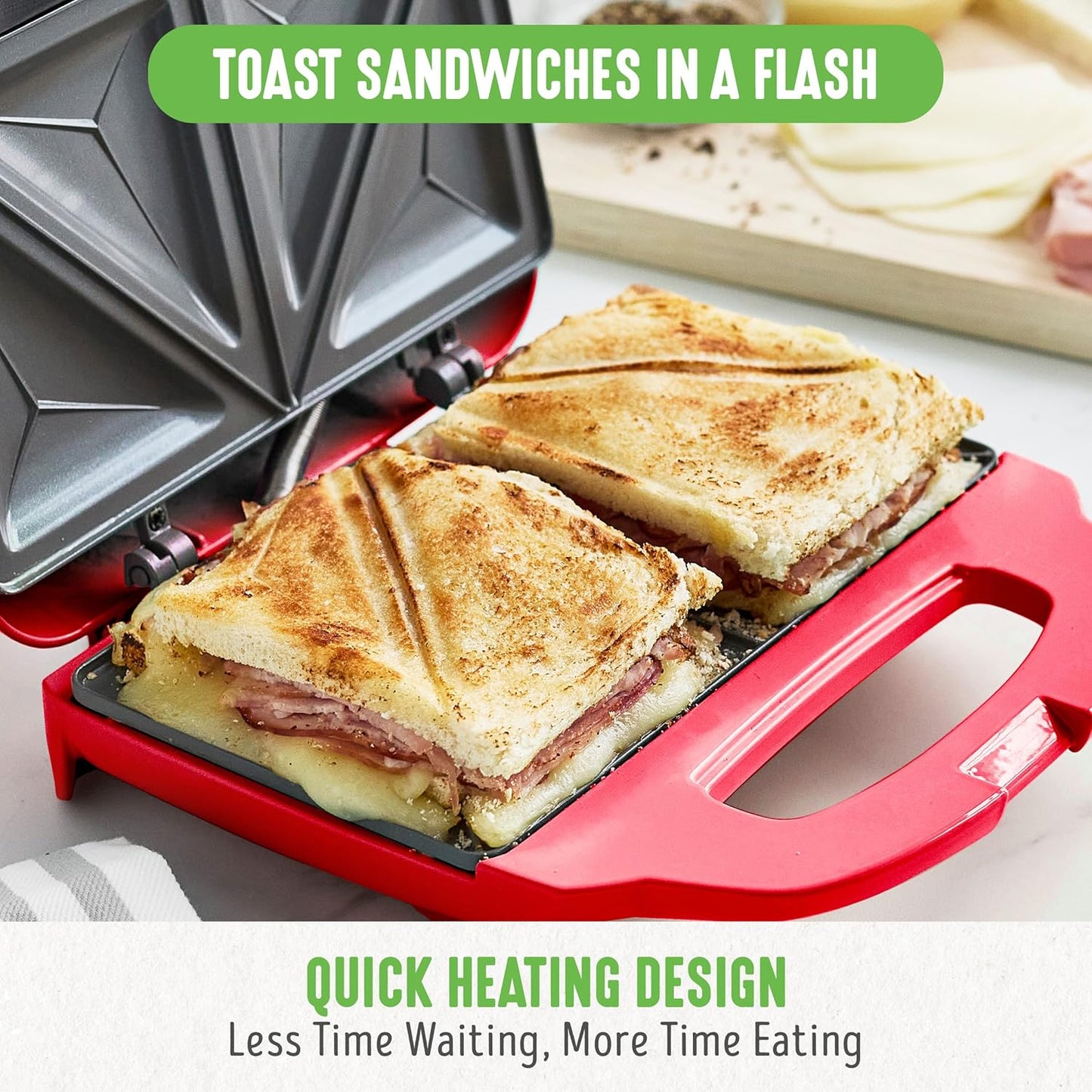 GreenLife Pro Electric Panini Press Grill and Sandwich Maker, French Toast Breakfast Sandwich and Waffle's, Healthy Ceramic Nonstick Plates,Easy Indicator Light, PFAS-Free, Red