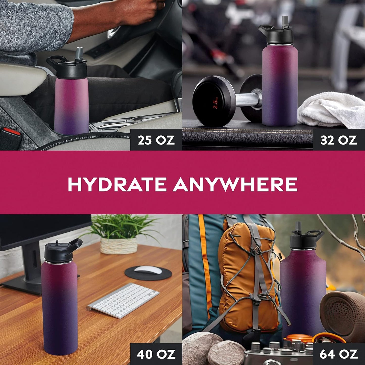 FineDine Water Bottle - Stainless Steel Insulated Water Bottle with Straw Lid, Flip Lid & Wide-Mouth Cap - Keeps Hot and Cold - 25 Oz / 739ml - Pure Pearly White