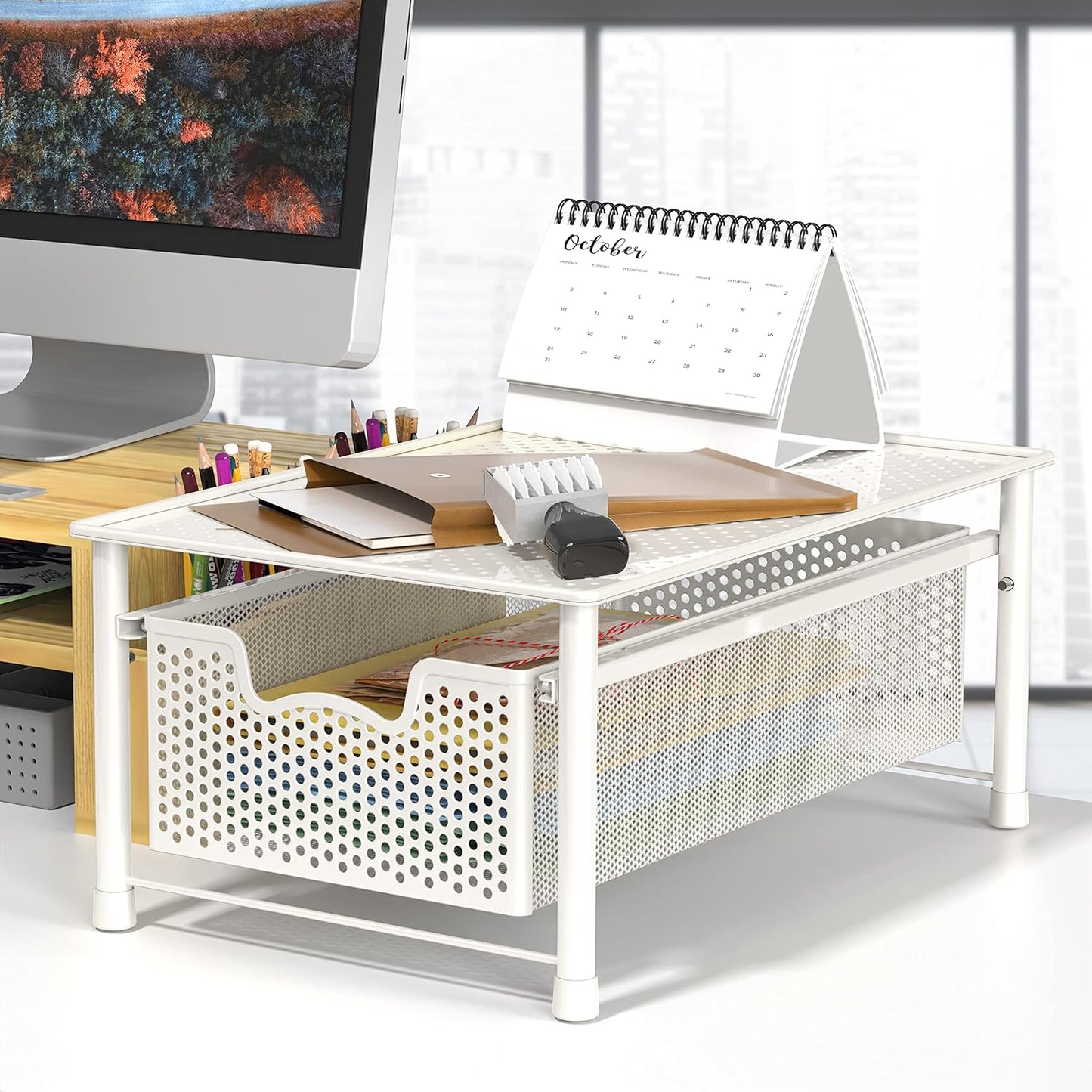 Stackable Metal Cabinet Basket Drawer Organizer with Sliding Storage Design, White - PuriLite