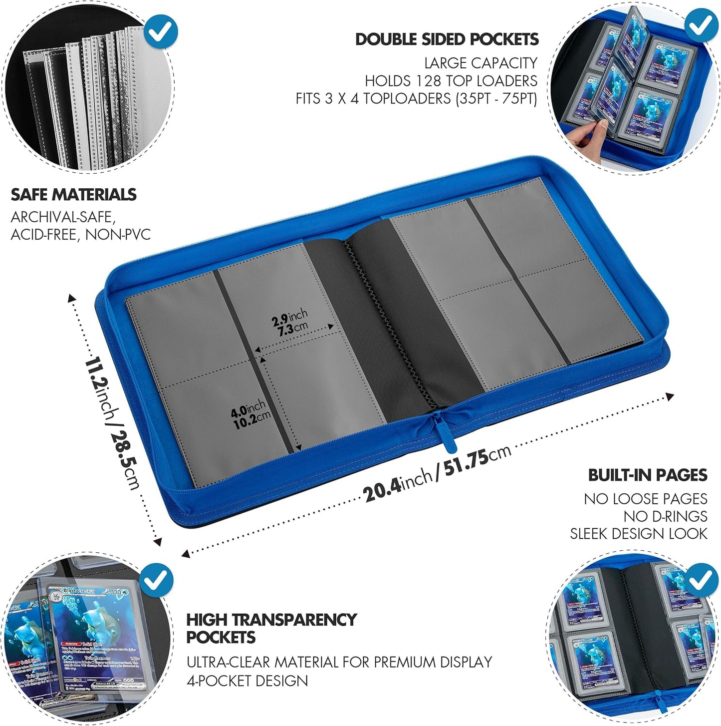 FunGuys Toploader Binder, Trading Card Binder Storage,128 4 Pocket Top Loader Pokemon Binder, Card Collection Yugioh Cards, MTG, TCG, Folders for Trading Cards