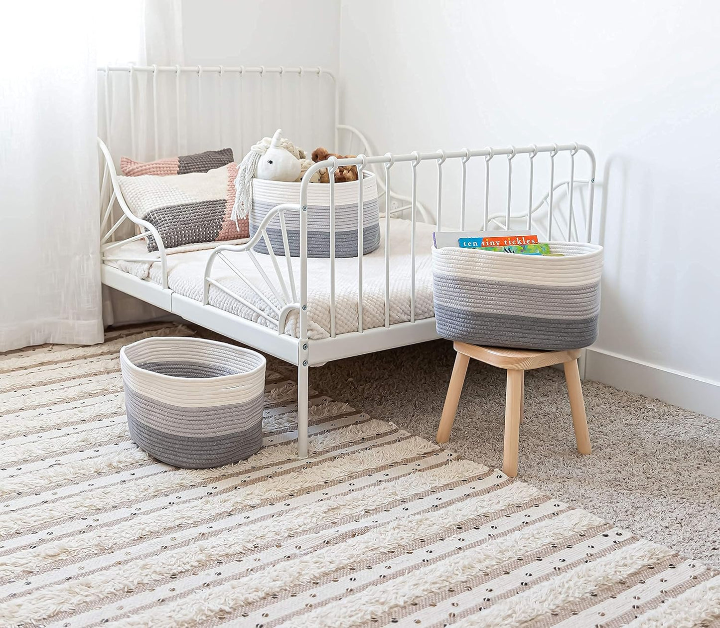 OrganiHaus Soft Woven Baskets for Storage Organization Set of 3, Cotton Rope Nursery Storage Baskets for Shelves, Square Book Bins, Bathroom Towel Hamper, Dog Toy Bins, Panier Rangement - Light Honey