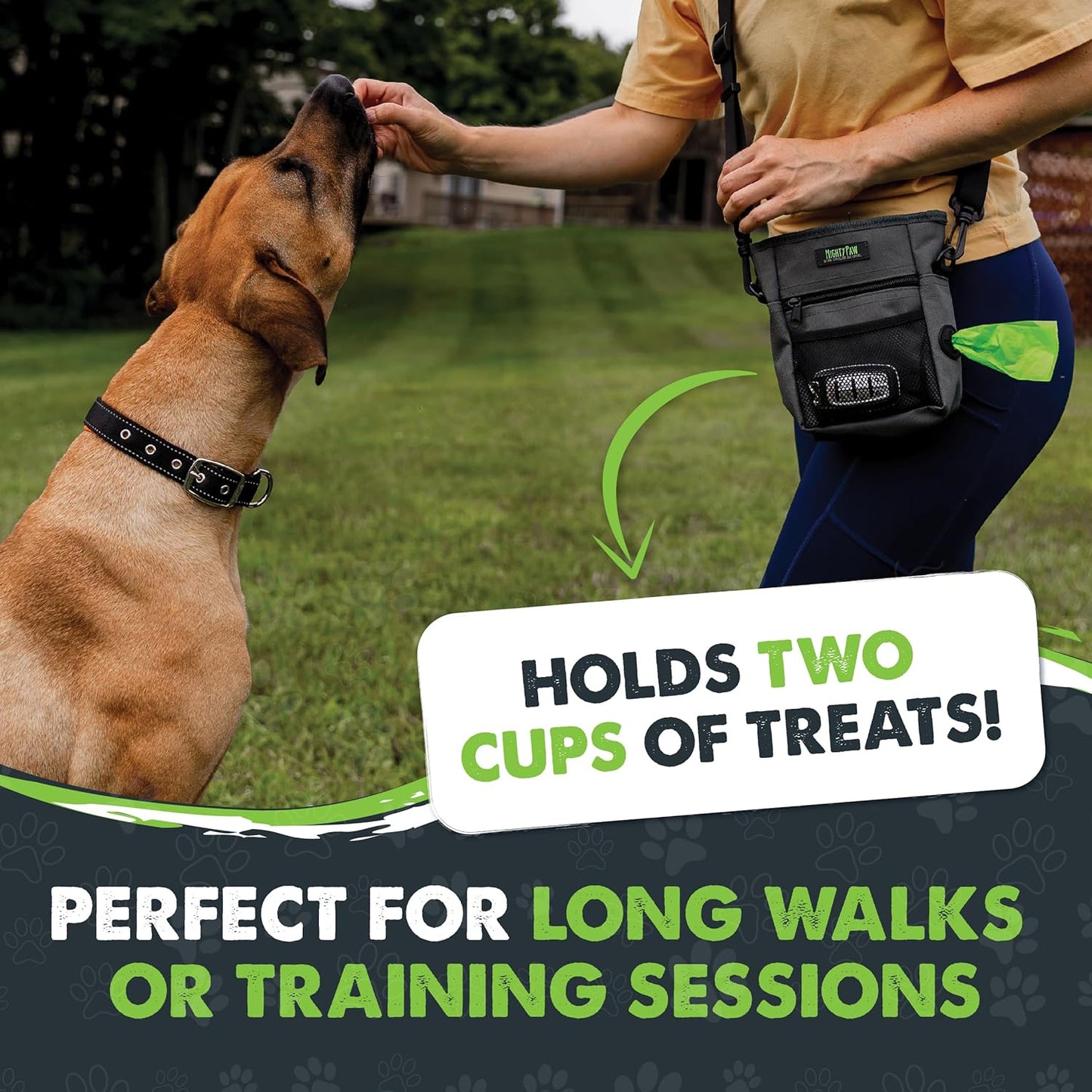 Mighty Paw Dog Treat Pouch 2.0 | Pet Training Hands-Free Snack Bag w/Strap. Holds 2 Cups Kibble, Phone & Keys. Magnetic Clasp & Waist Belt Clip. Includes 1 Roll of Poop Bags (Green/Grey)