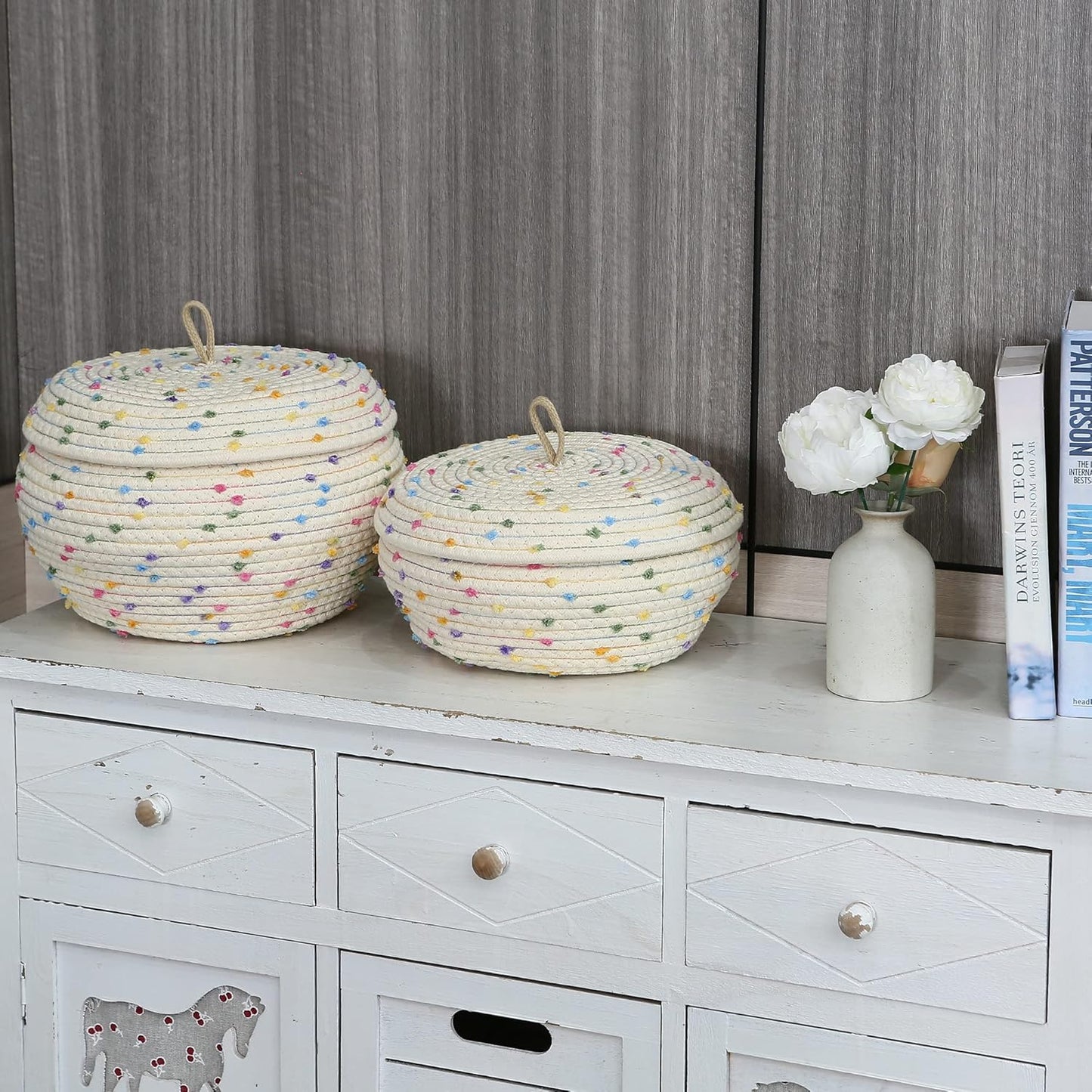 Sea Team Round Cotton Rope Storage Basket with Lid, Decorative Woven Storage Bin, Pot, Caddy, Organizer, Container for Snacks, Towels, Plants (Grey, Small)