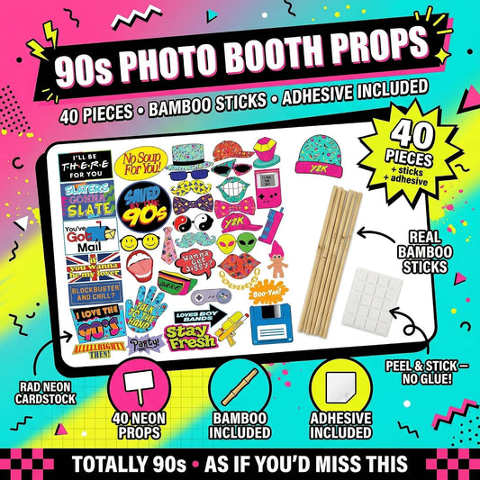Throwback 90s Photo Booth Props - 40 Pieces - Funny 1990s Theme Party Supplies, Decorations and Gifts