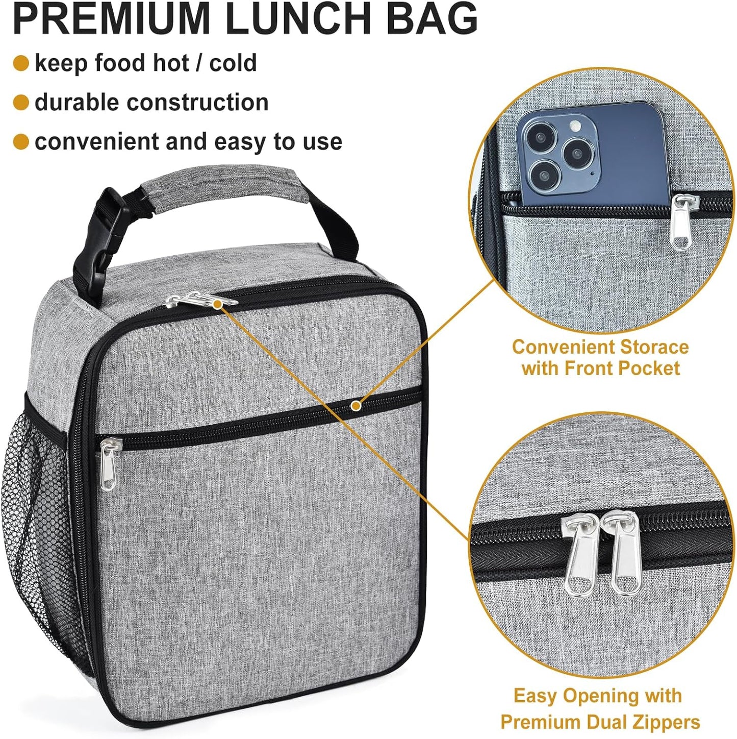Insulated Lunch Bag, Leakproof Portable Lunch Box for Women Men Boys Girls, Large Capacity Cooler Bag with Handle and Bottle Pocket for Office School Camping Hiking Outdoor Beach Picnic (Black)