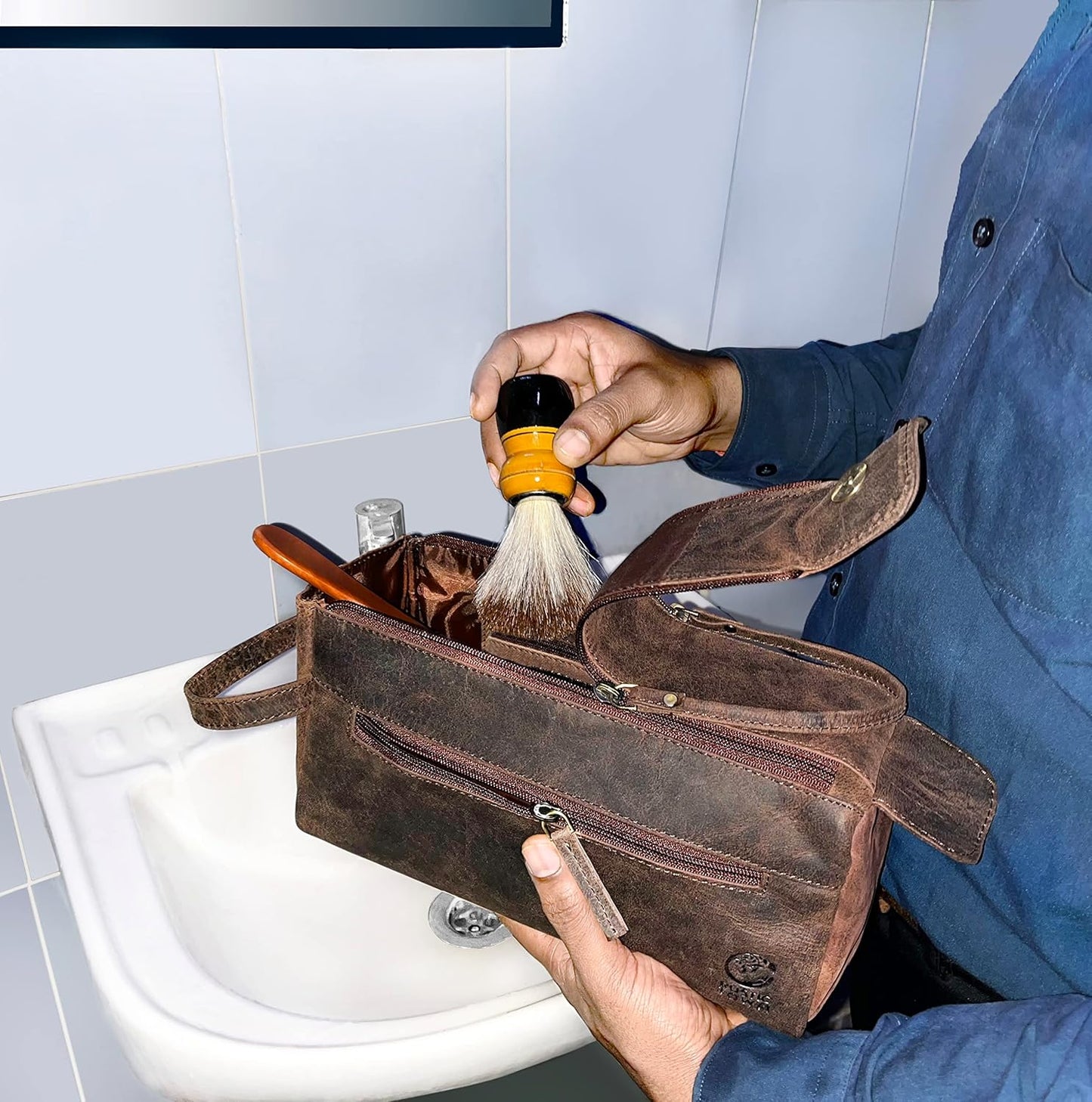 Genuine Leather Travel Toiletry Bag - Hygiene Organizer Dopp Kit by Rustic Town