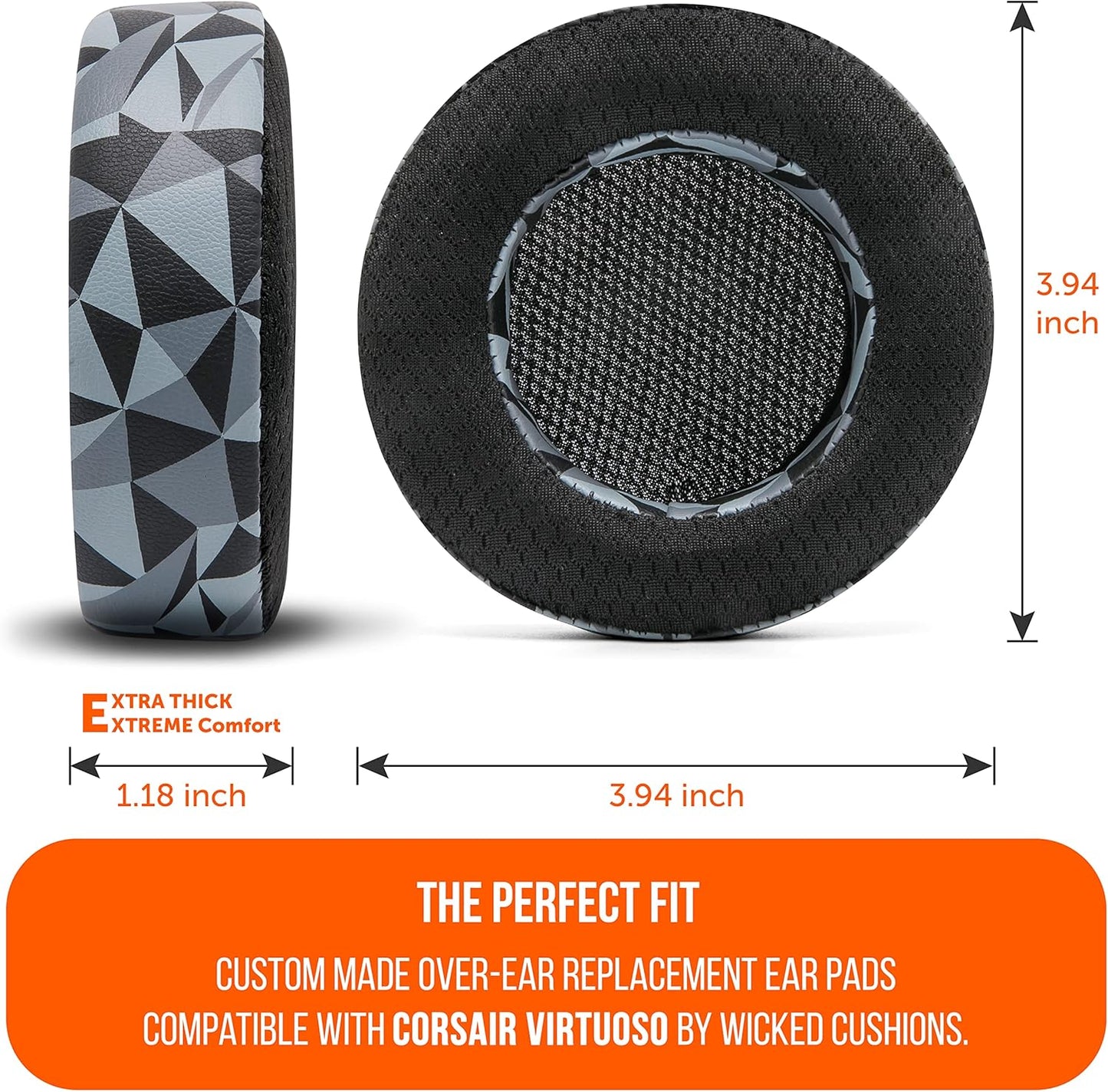 WC Freeze Virtuoso - Hybrid Fabric Cooling Gel Replacement Earpads for Corsair Virtuoso Gaming Headset, Made by Wicked Cushions, Improved Durability, Thickness and Sound Isolation |90s Black