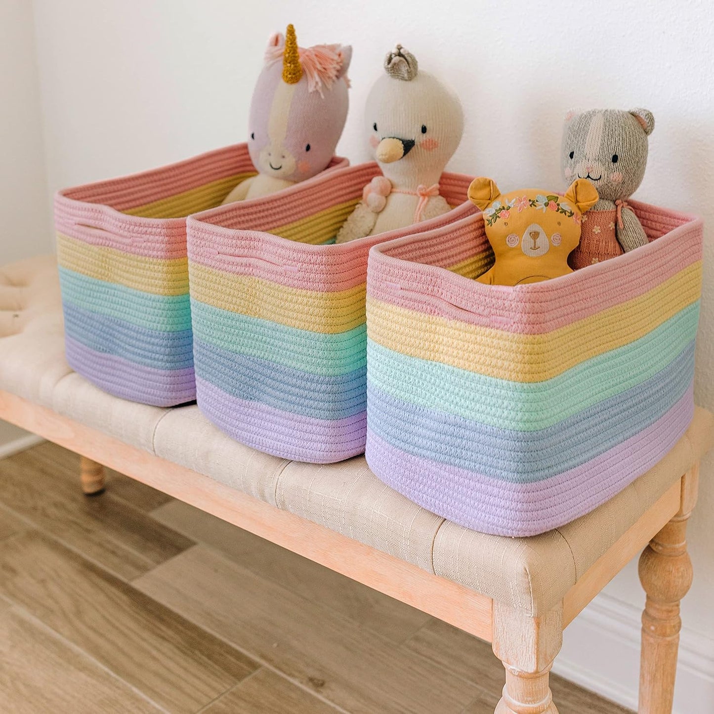 OrganiHaus Soft Woven Baskets for Storage Organization Set of 3, Cotton Rope Nursery Storage Baskets for Shelves, Square Book Bins, Bathroom Towel Hamper, Dog Toy Bins, Panier Rangement - Light Honey