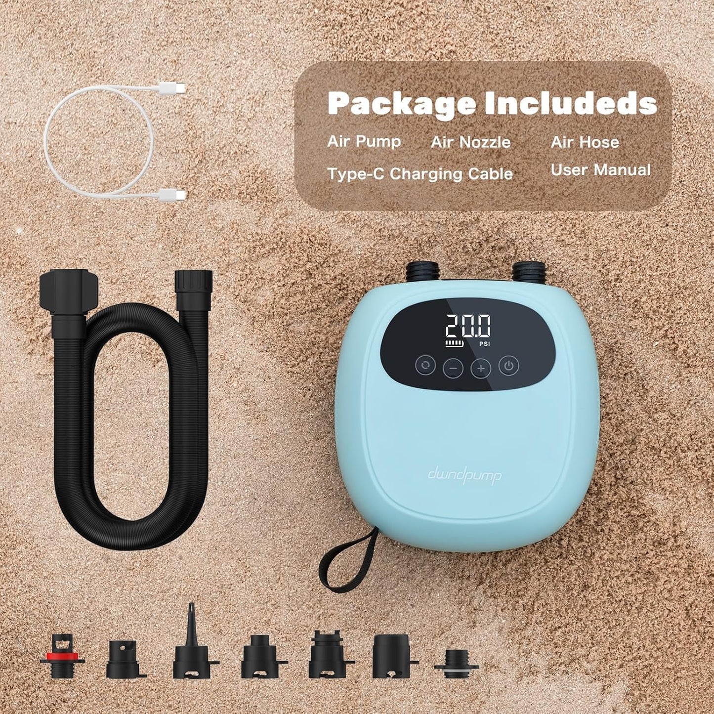 dwndpump Electric Paddle Board Pump, Rechargeable 20 PSI SUP Pump, Dual-Stage Inflation and Deflation Sup Air Pump, Electric Pump for Kayaks, Wind Wings, SUPs