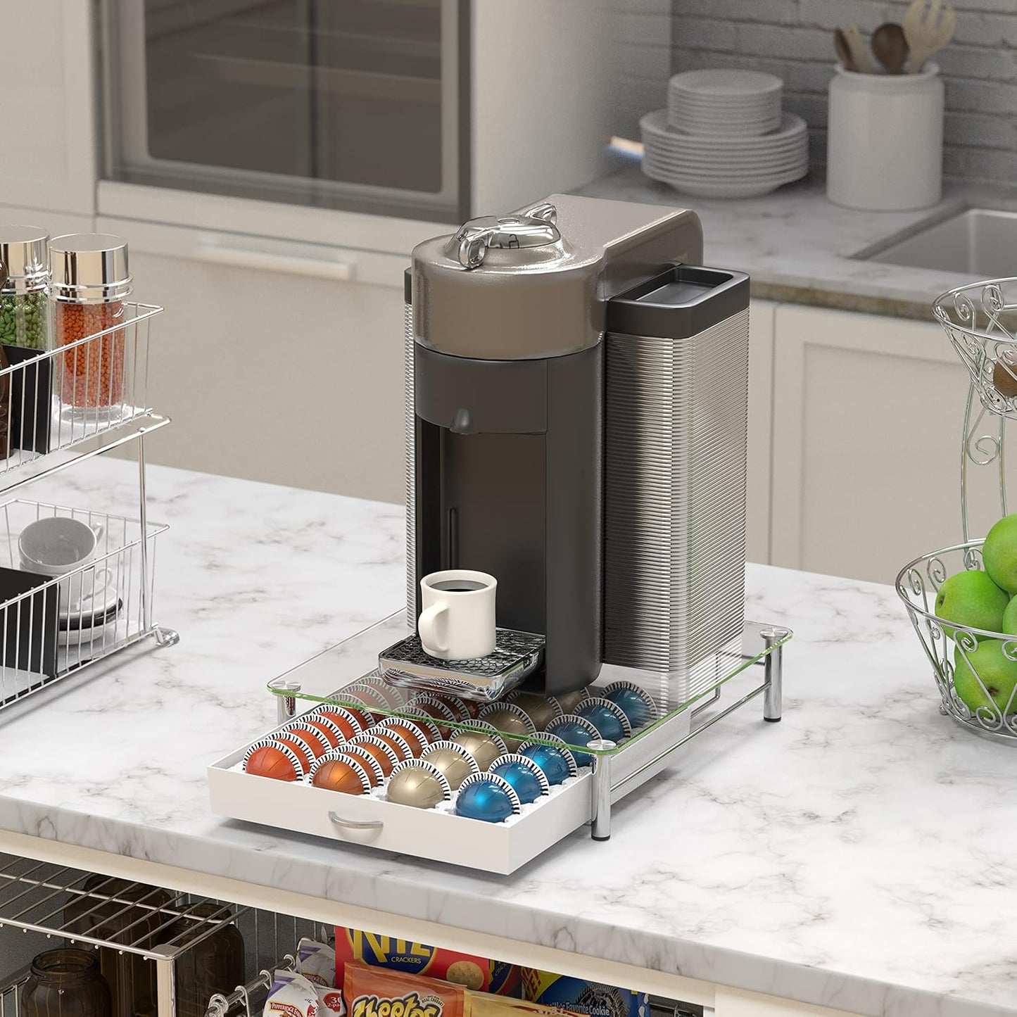DecoBrothers Vertuo Pod Holder VertuoLine Drawer Storage for Nespresso Coffee Capsules, Crystal Tempered Glass, White